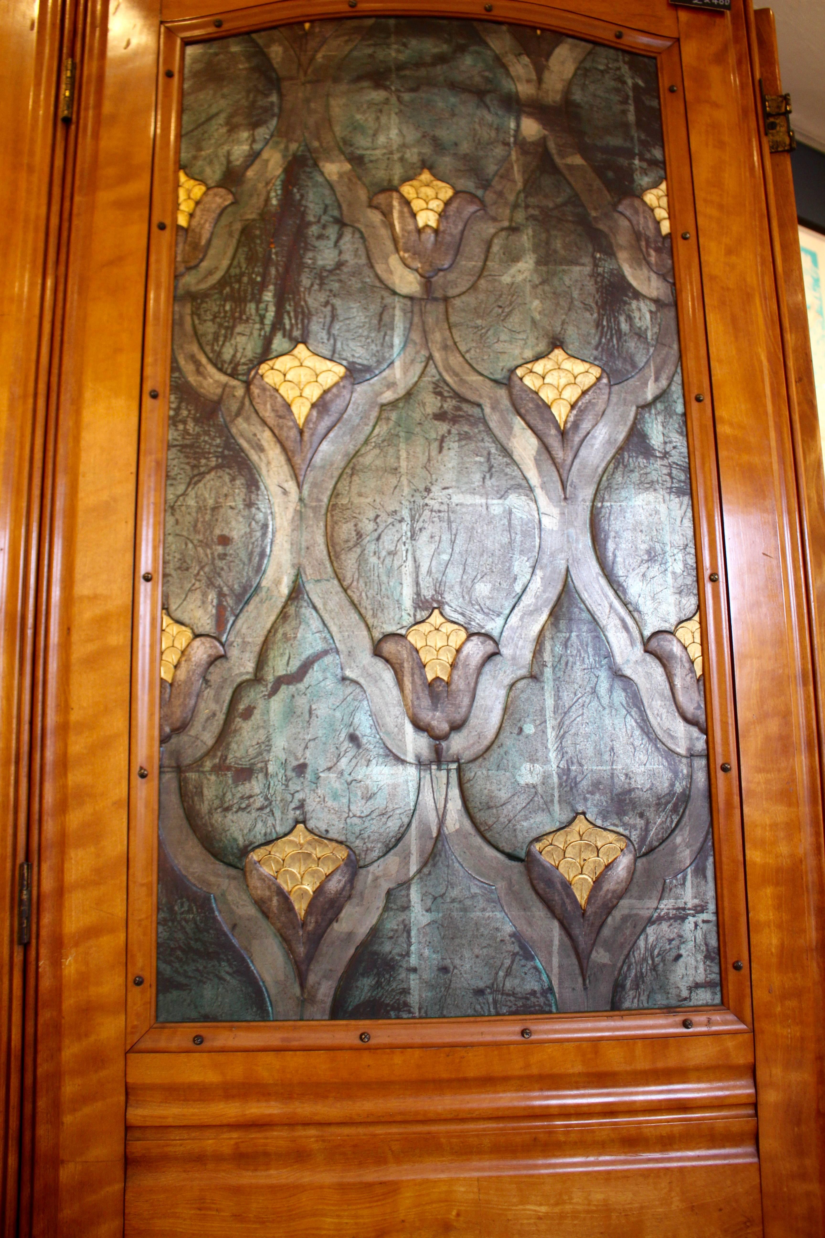 European Art Nouveau Satinwood and Embossed Leather Three-Fold Dressing Screen