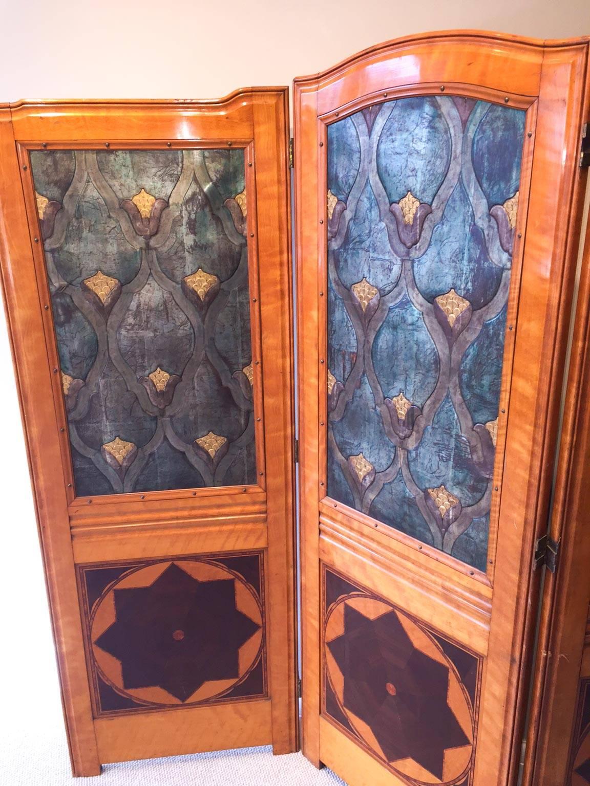 Art Nouveau Satinwood and Embossed Leather Three-Fold Dressing Screen 1