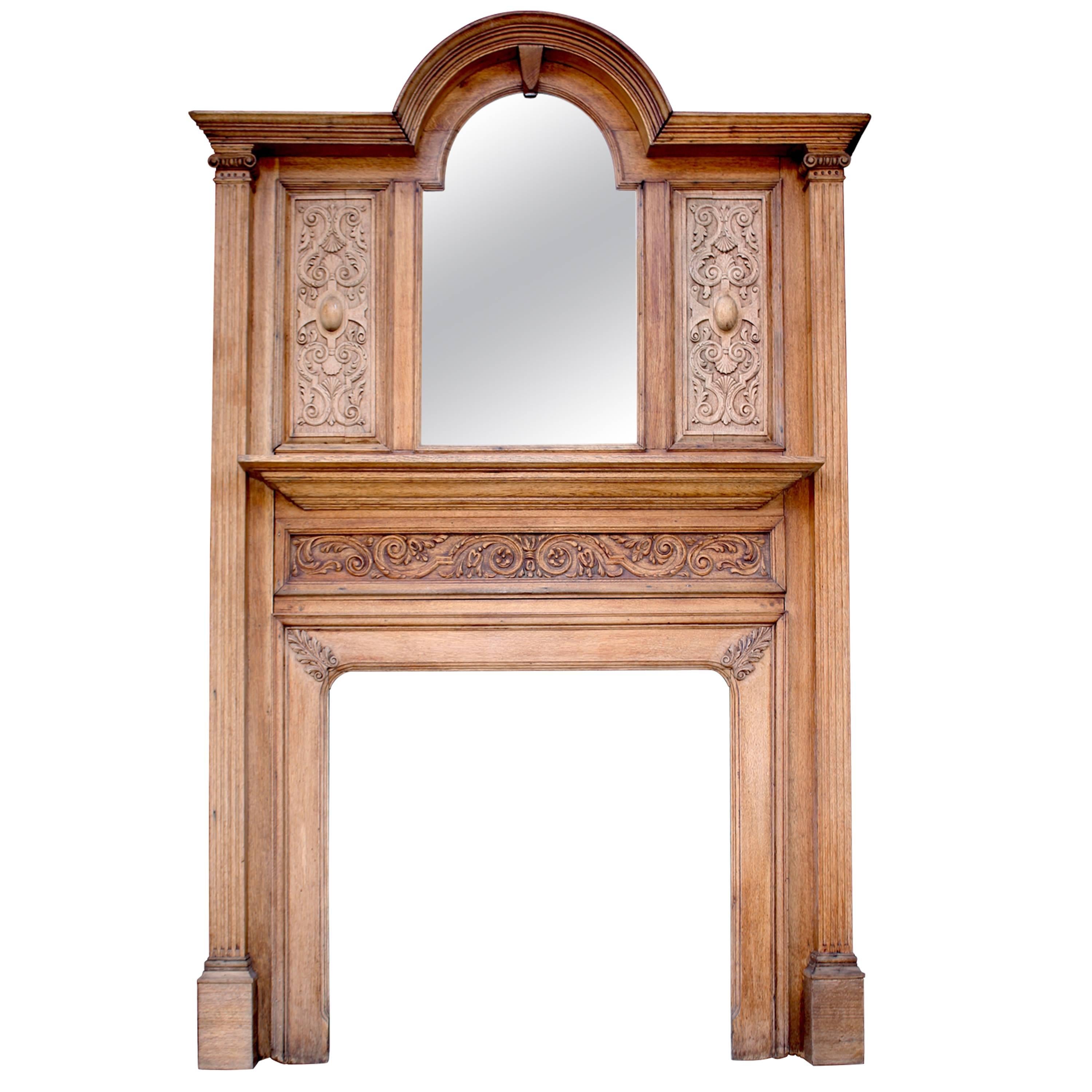 Antique Carved Oak Fire Surround with Bevelled Mirror, circa 1900