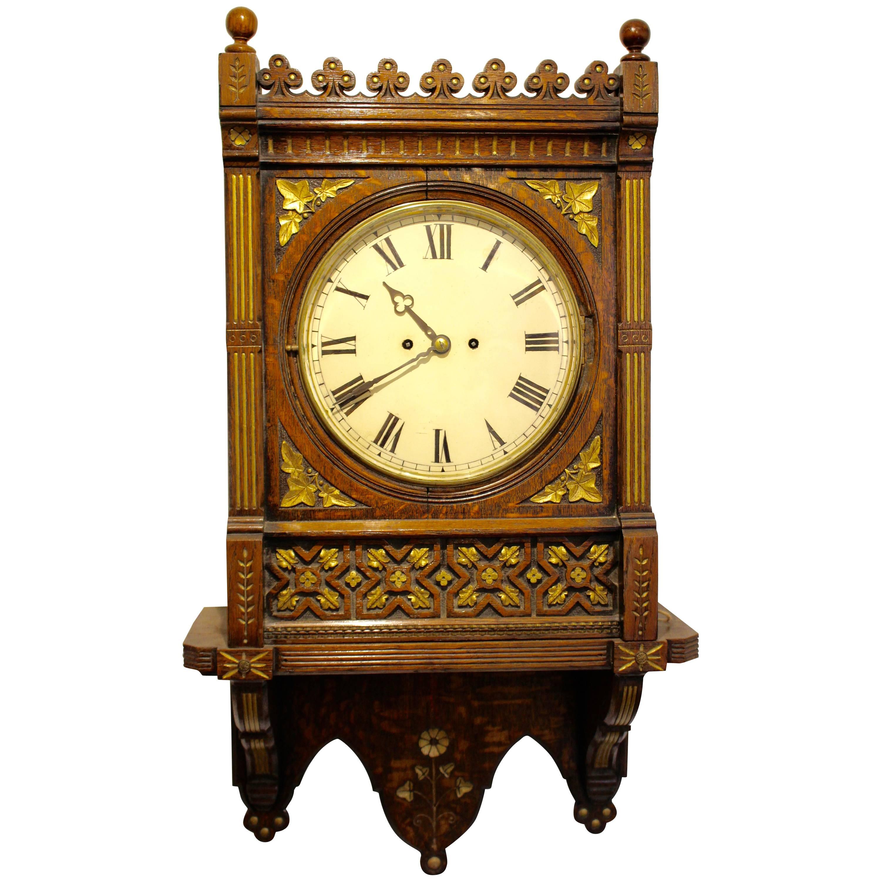 Victorian Gothic Gilt Oak Eight-Day Wall Clock