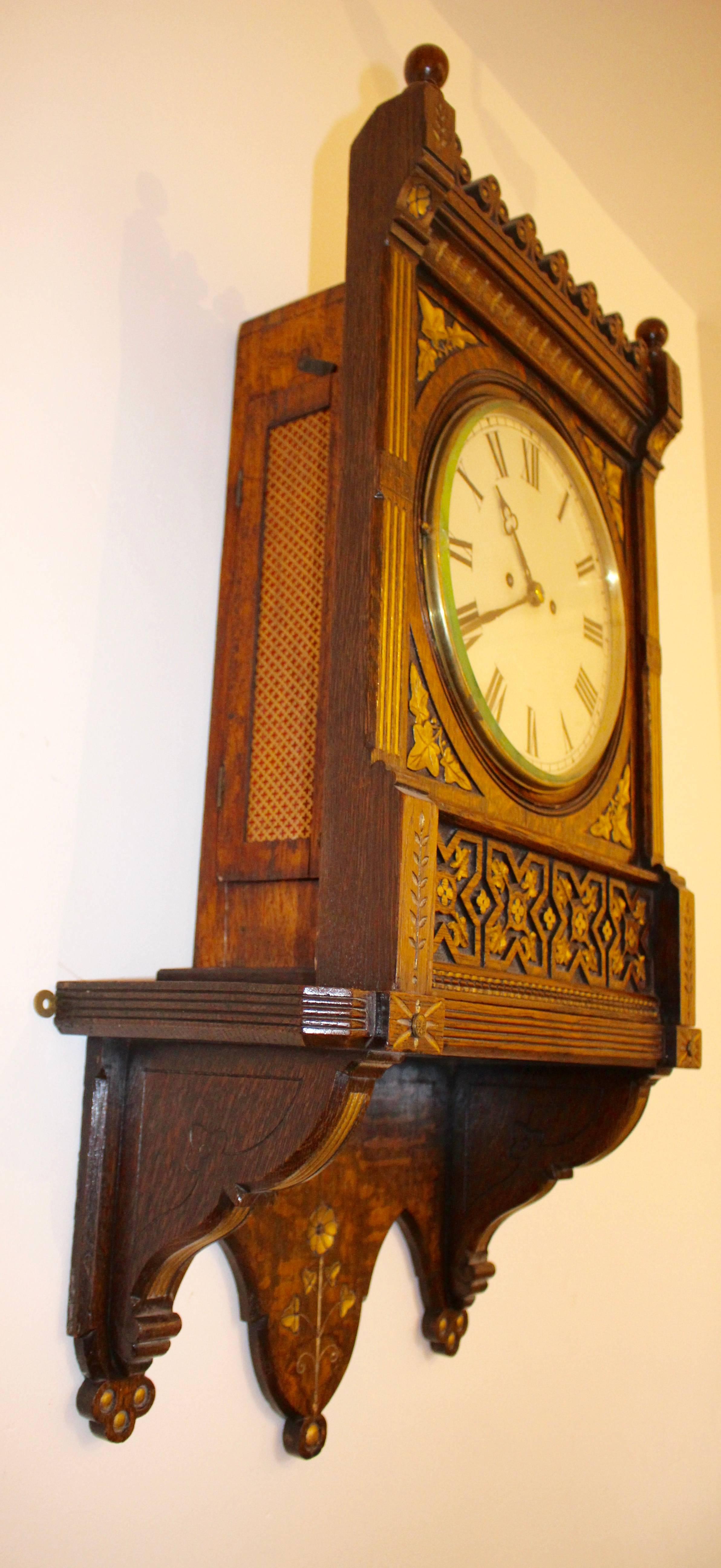 Gothic Revival Victorian Gothic Gilt Oak Eight-Day Wall Clock