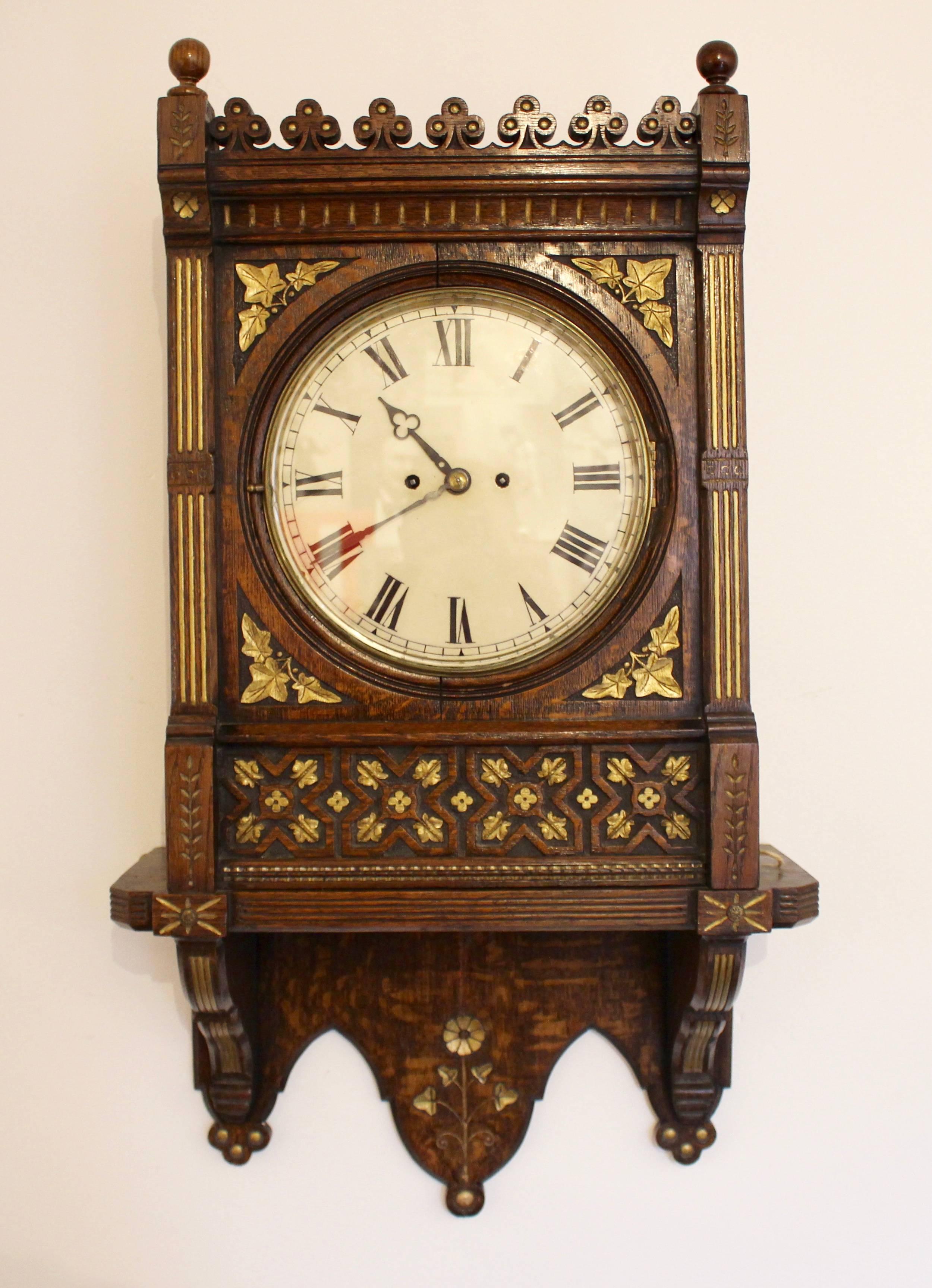 English Victorian Gothic Gilt Oak Eight-Day Wall Clock