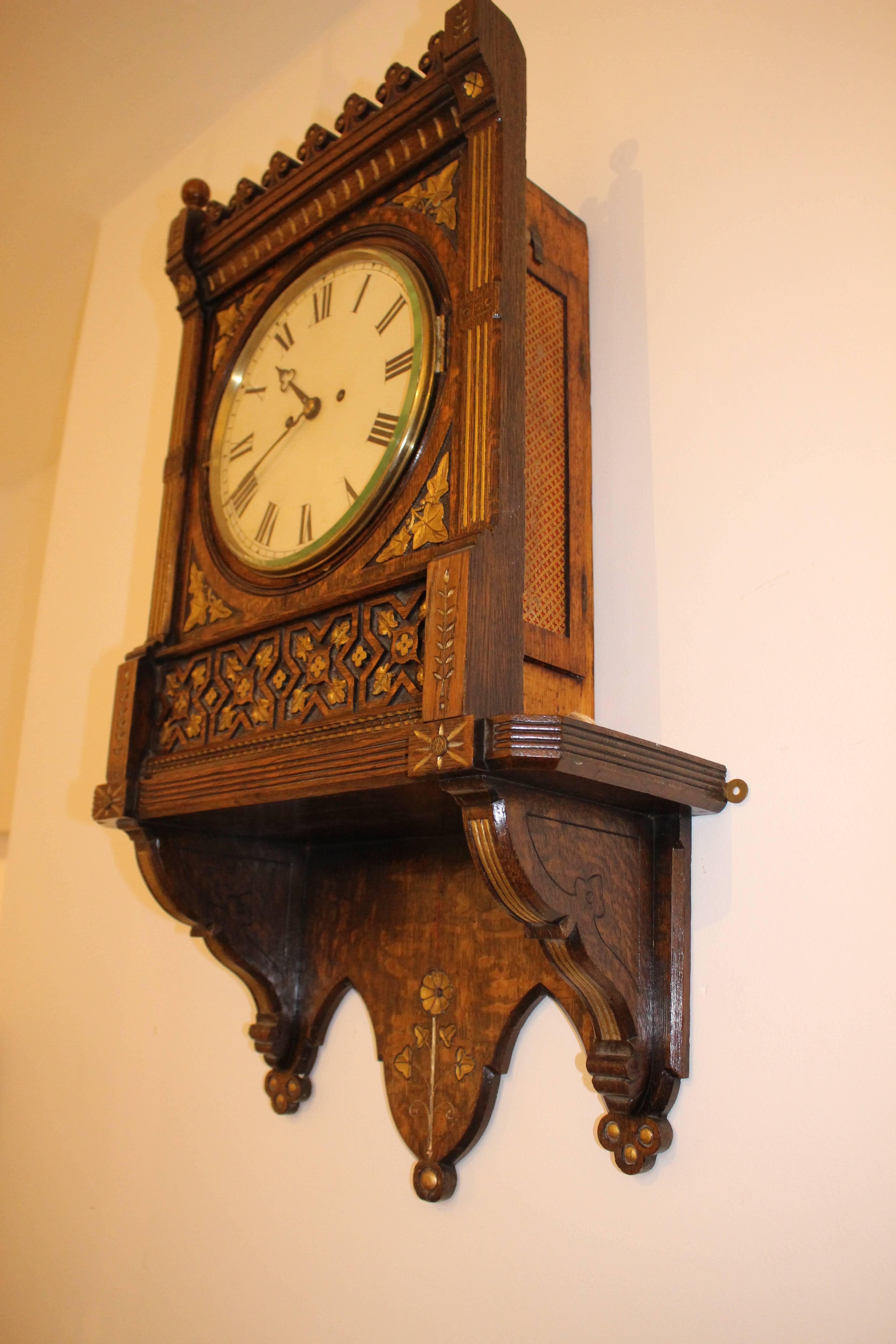 Victorian Gothic Gilt Oak Eight-Day Wall Clock In Good Condition In Heathfield, East Sussex