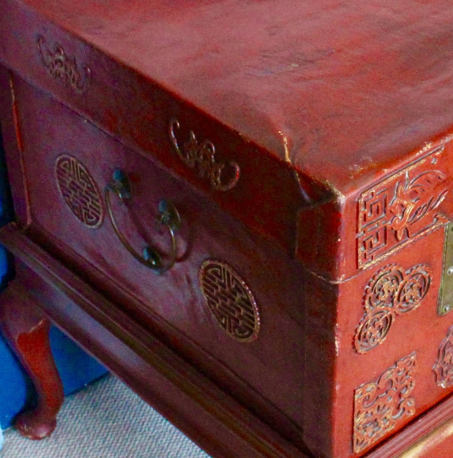 Pair of Early 20th Century Chinese Red Leather Trunks on Stands, Lamp Tables 4