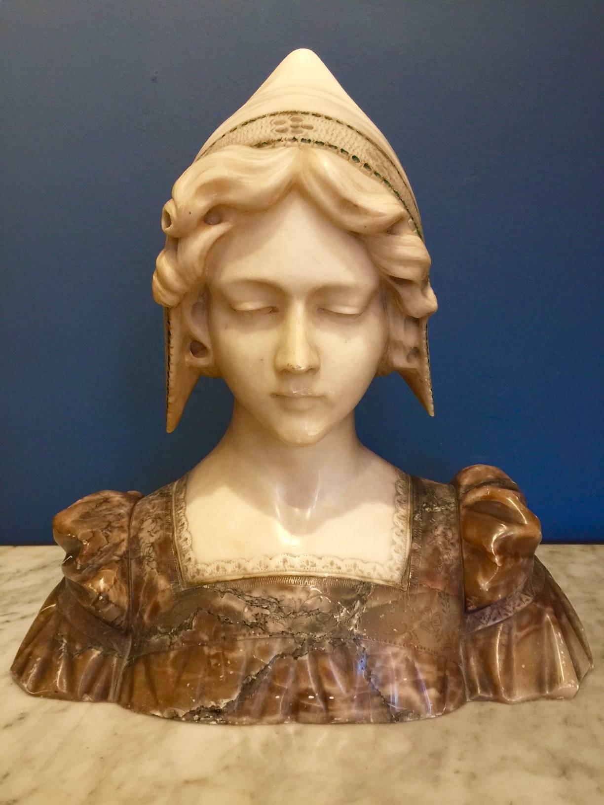 Carved Italian Alabaster Bust of a Girl, circa 1890