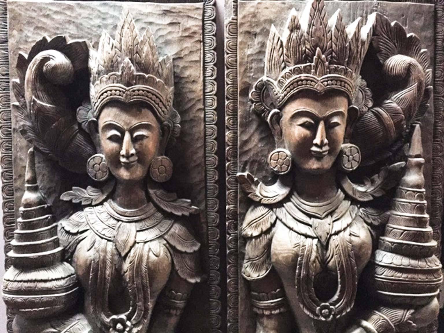 Southeast Asian Pair of South East Asian Carved Hardwood Goddess Panels