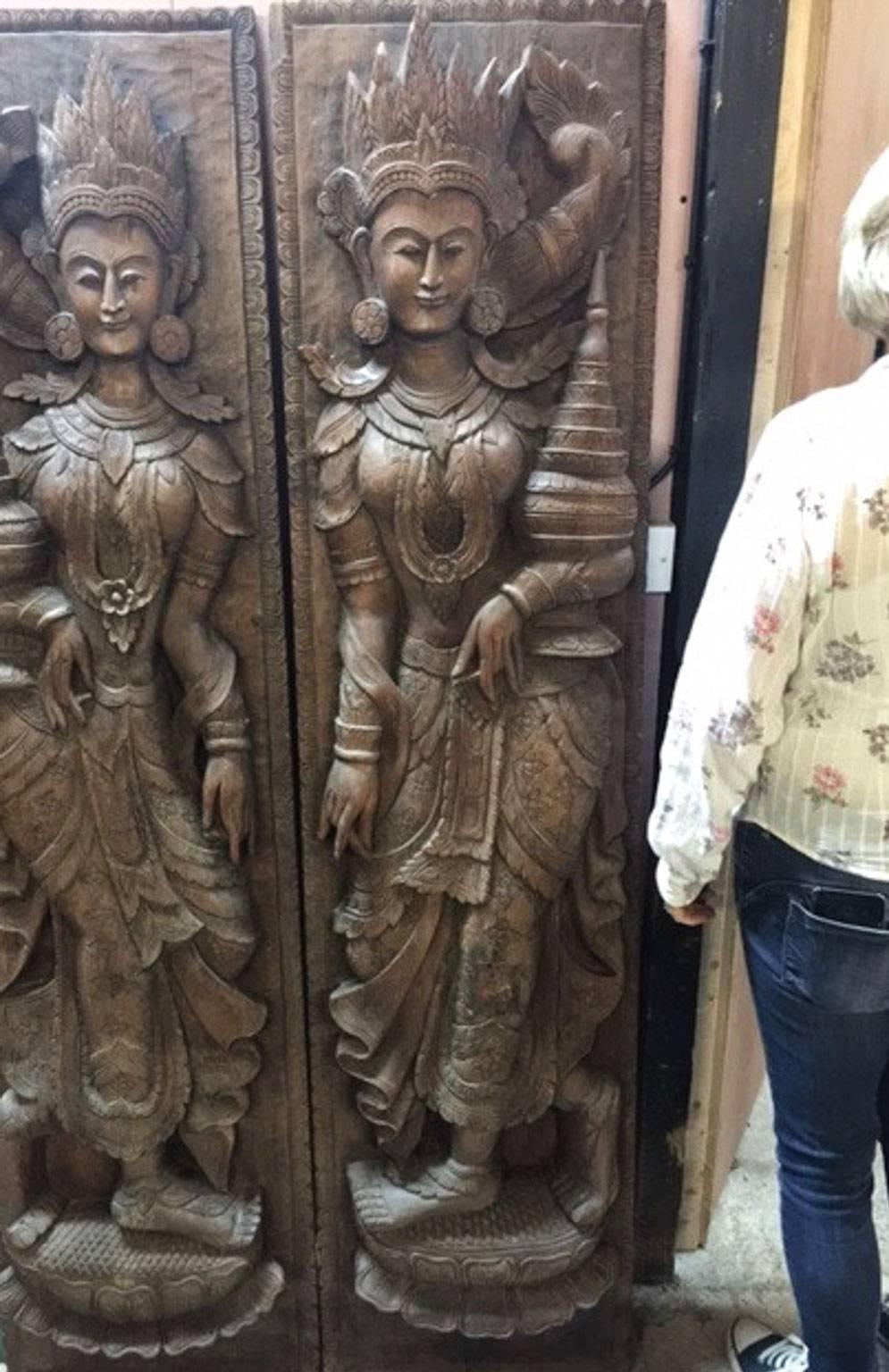 Pair of South East Asian Carved Hardwood Goddess Panels In Good Condition In Heathfield, East Sussex