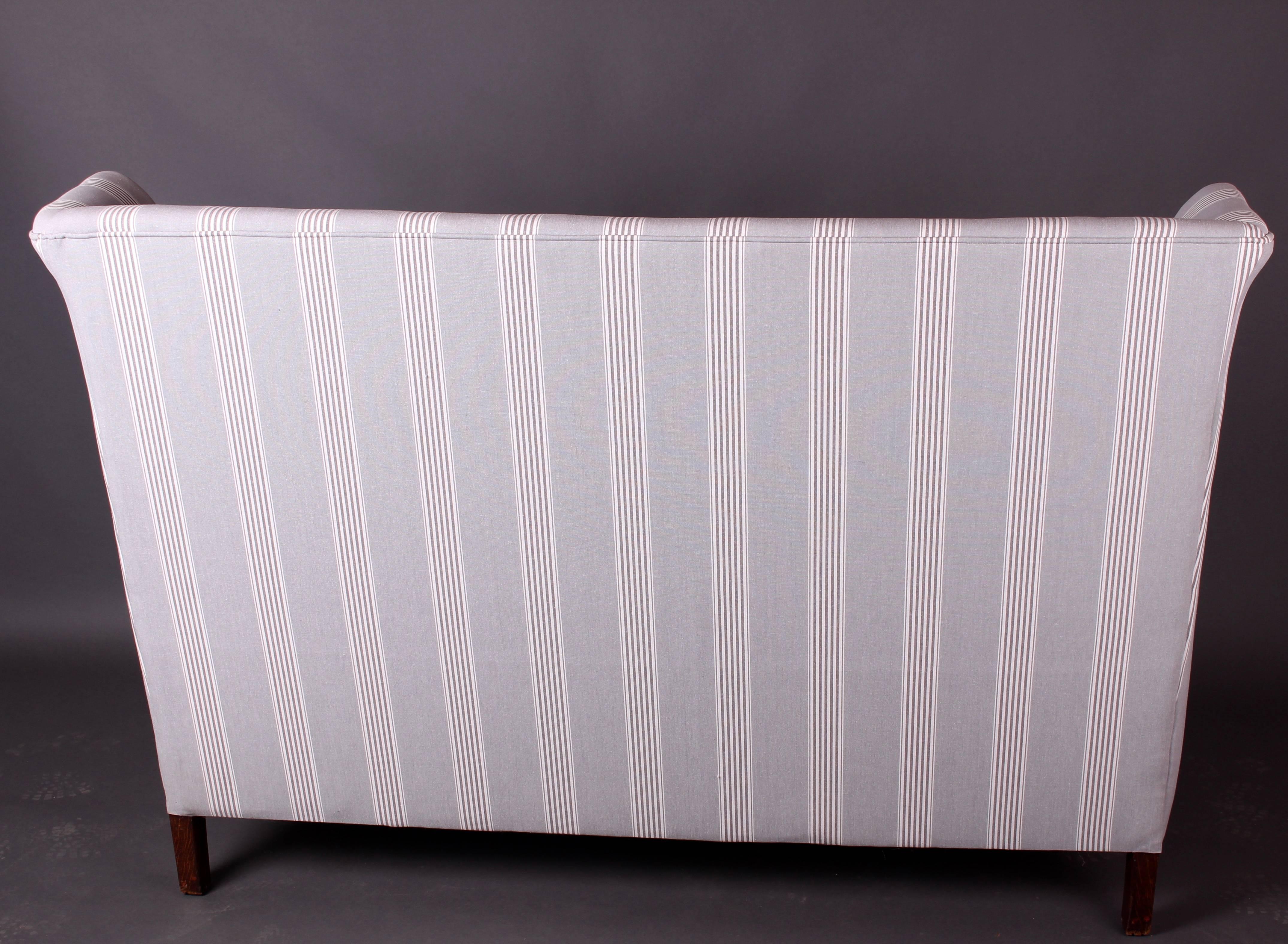 Edwardian Wingback Sofa Settee in a French Grey Stripe Fabric 1