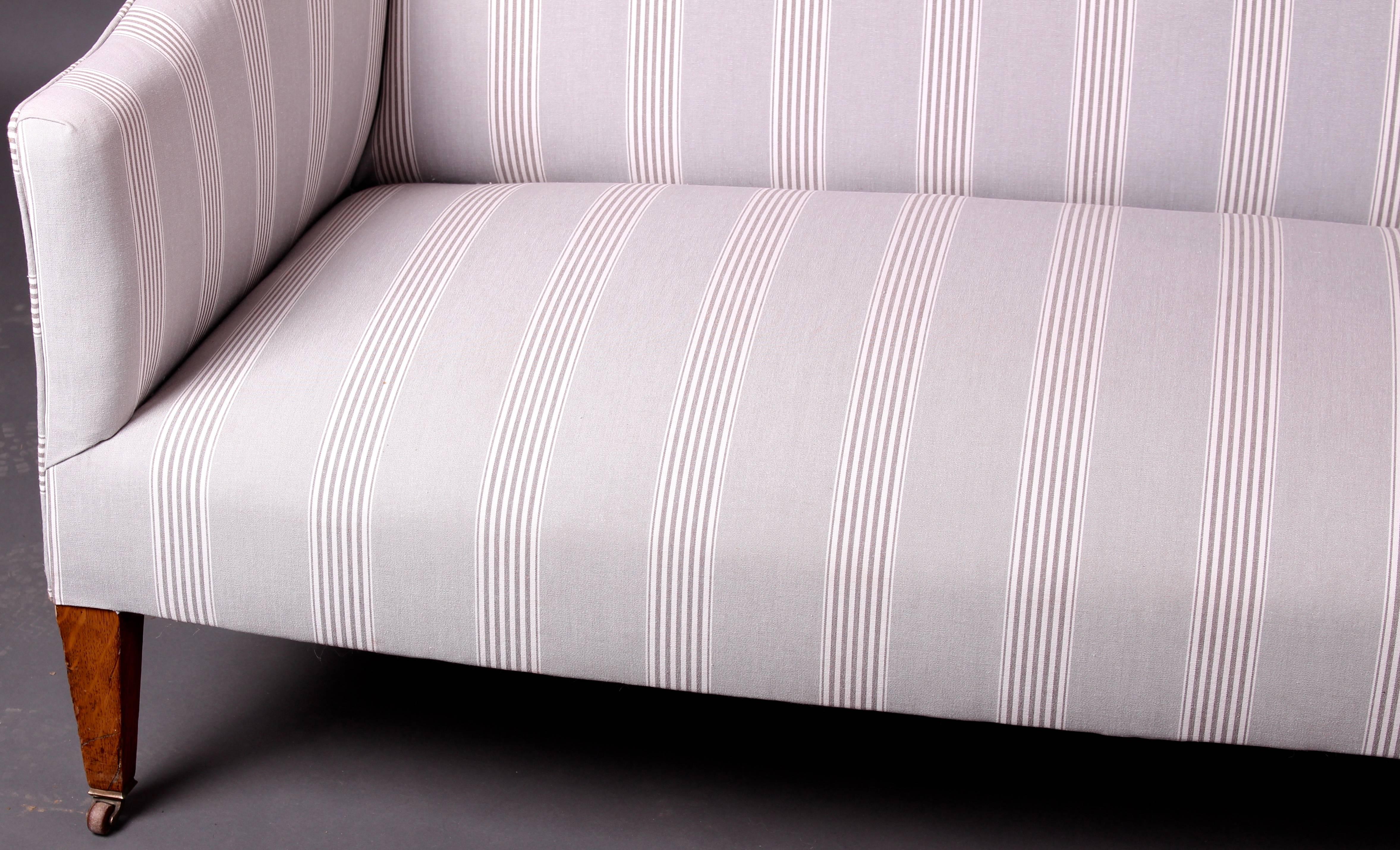 English Edwardian Wingback Sofa Settee in a French Grey Stripe Fabric