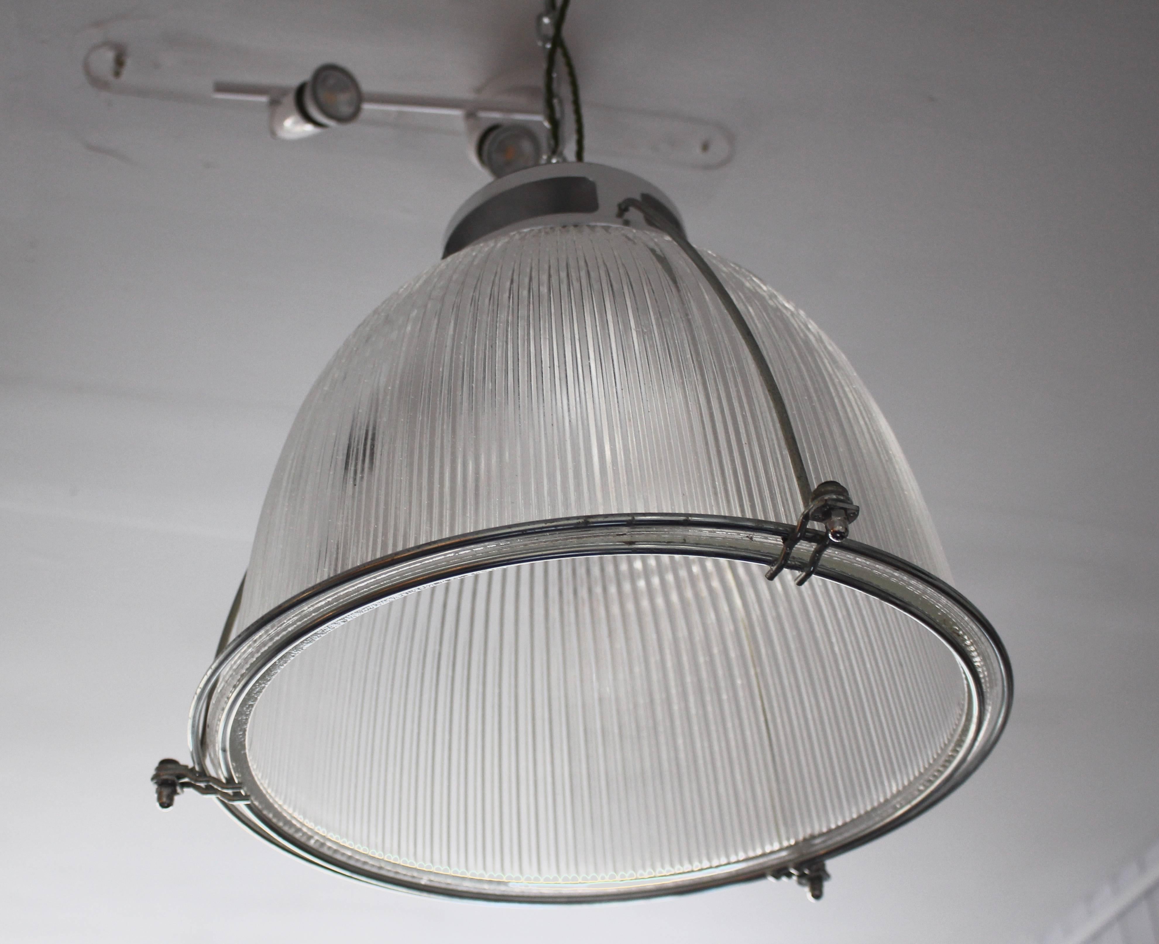 Late 20th Century Vintage Holophane Glass and Metal Ceiling Light