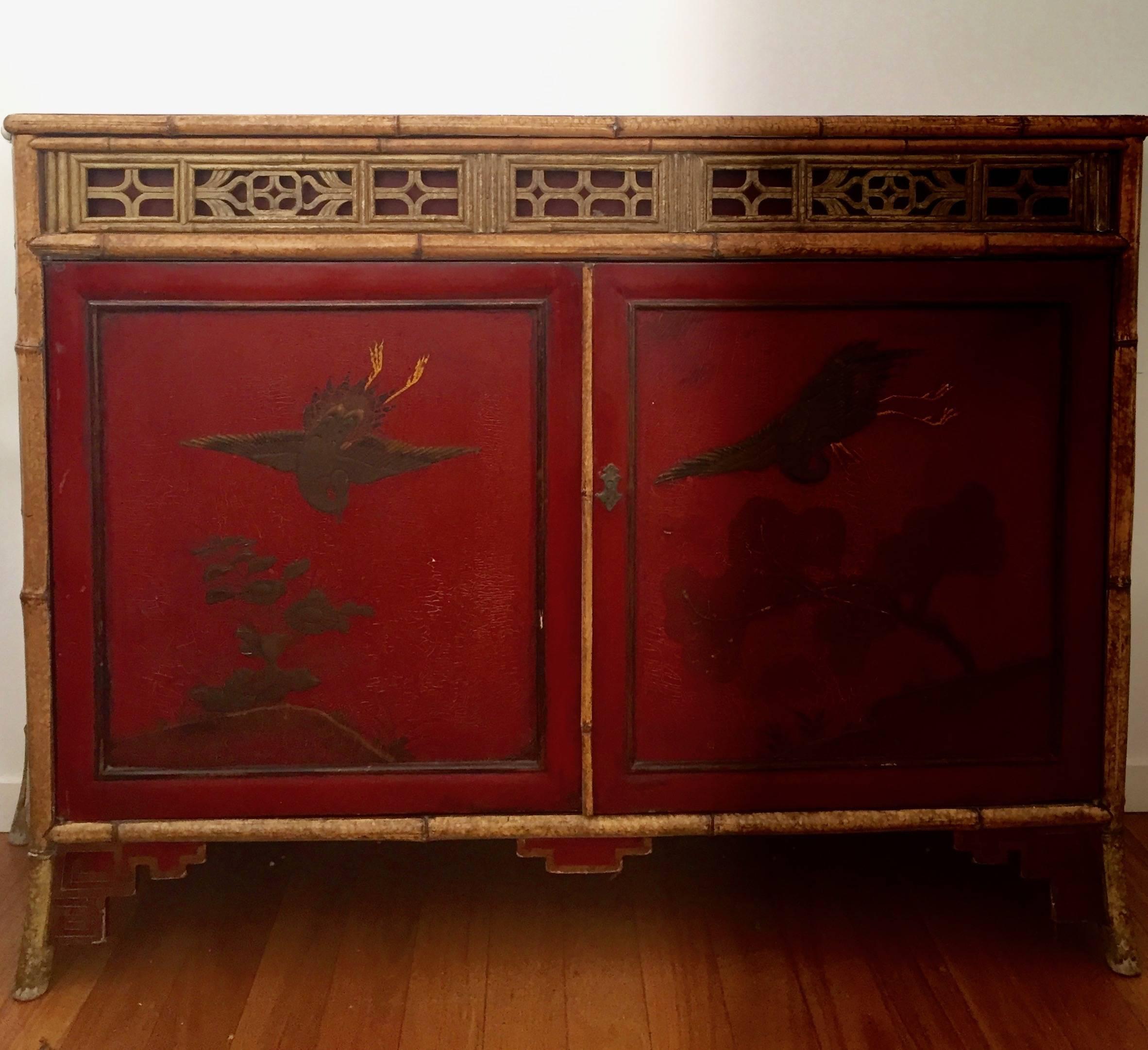 Late 19th Century Chinoiserie Red Lacquer Cabinet English, 19th Century For Sale