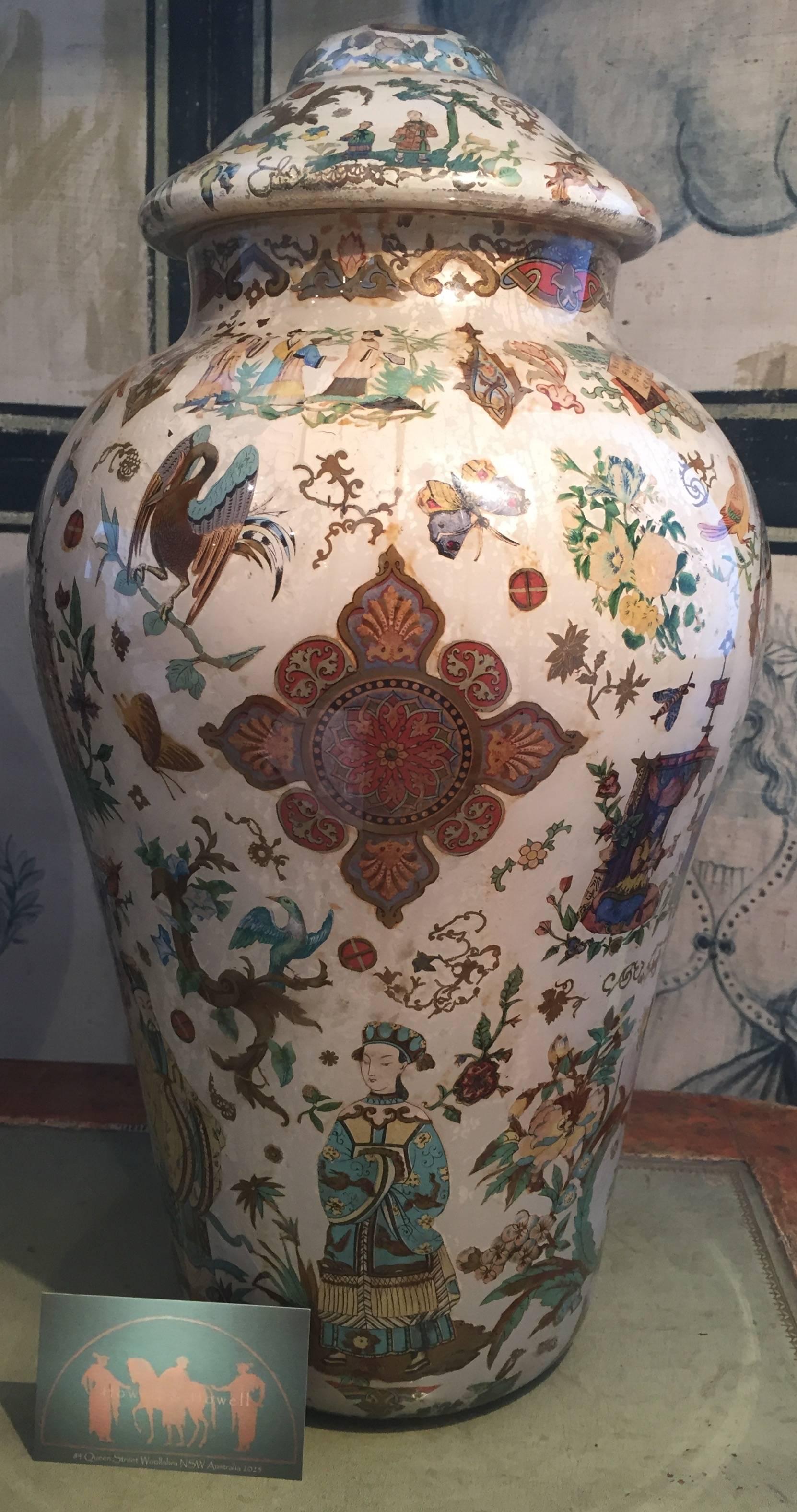 English 19th century chinoiserie decalcomania lidded vase.