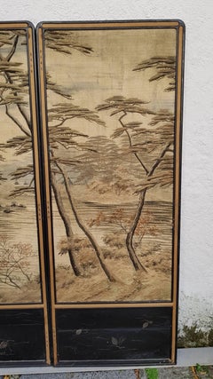 Japanese Embroidered Silk Four-Panel Folding Screen