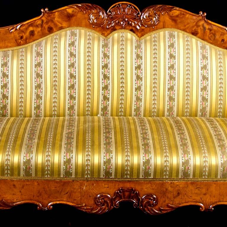 Veneer Biedermeier Empire Antique Carved Swedish Sofa Quilted Golden Birch 19th Century