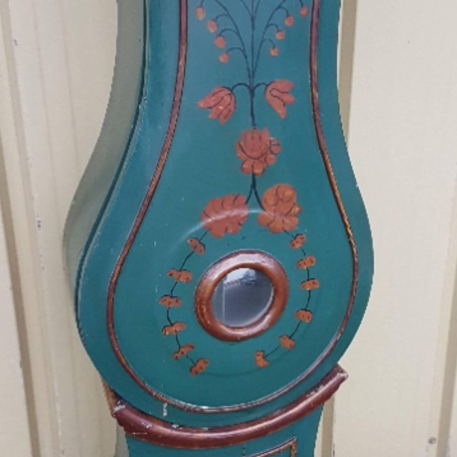 Early Victorian Antique Swedish Mora Clock Blue & Red Carved Detail Hand-Painted Early 1800s 