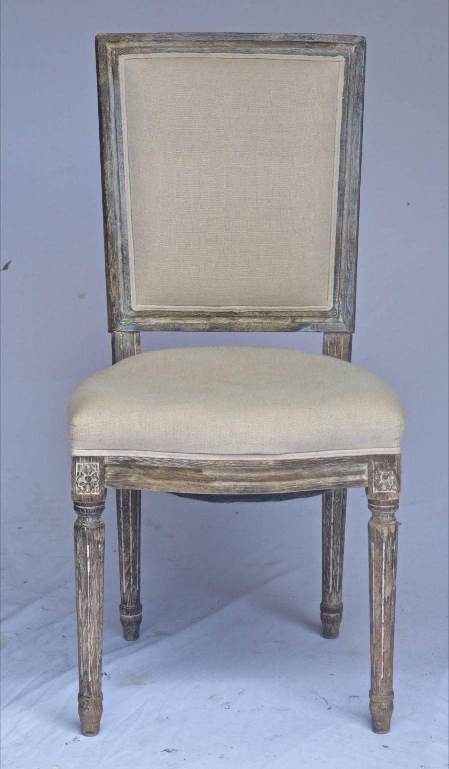 Unusual mid-20th century set of six Gustavian dining chairs in distressed paint finish.

Lovely detail in the fluted legs and rosettes with carved front edge and fully webbed seats for added comfort.

Old fabric will be stripped off, the seats
