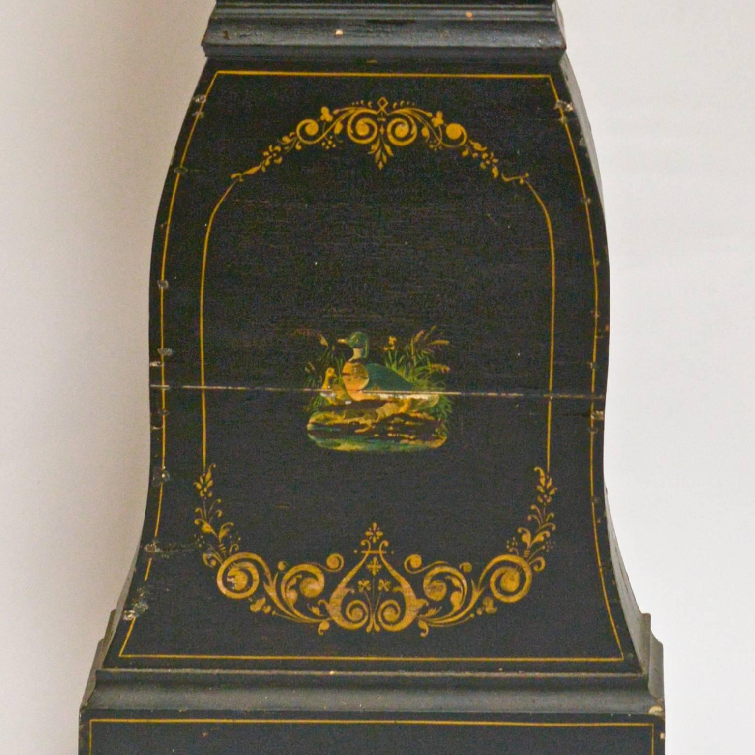 Gustavian Swedish Mora Clock Black and Gold Carved Detail Hand-Painted Early 1800s