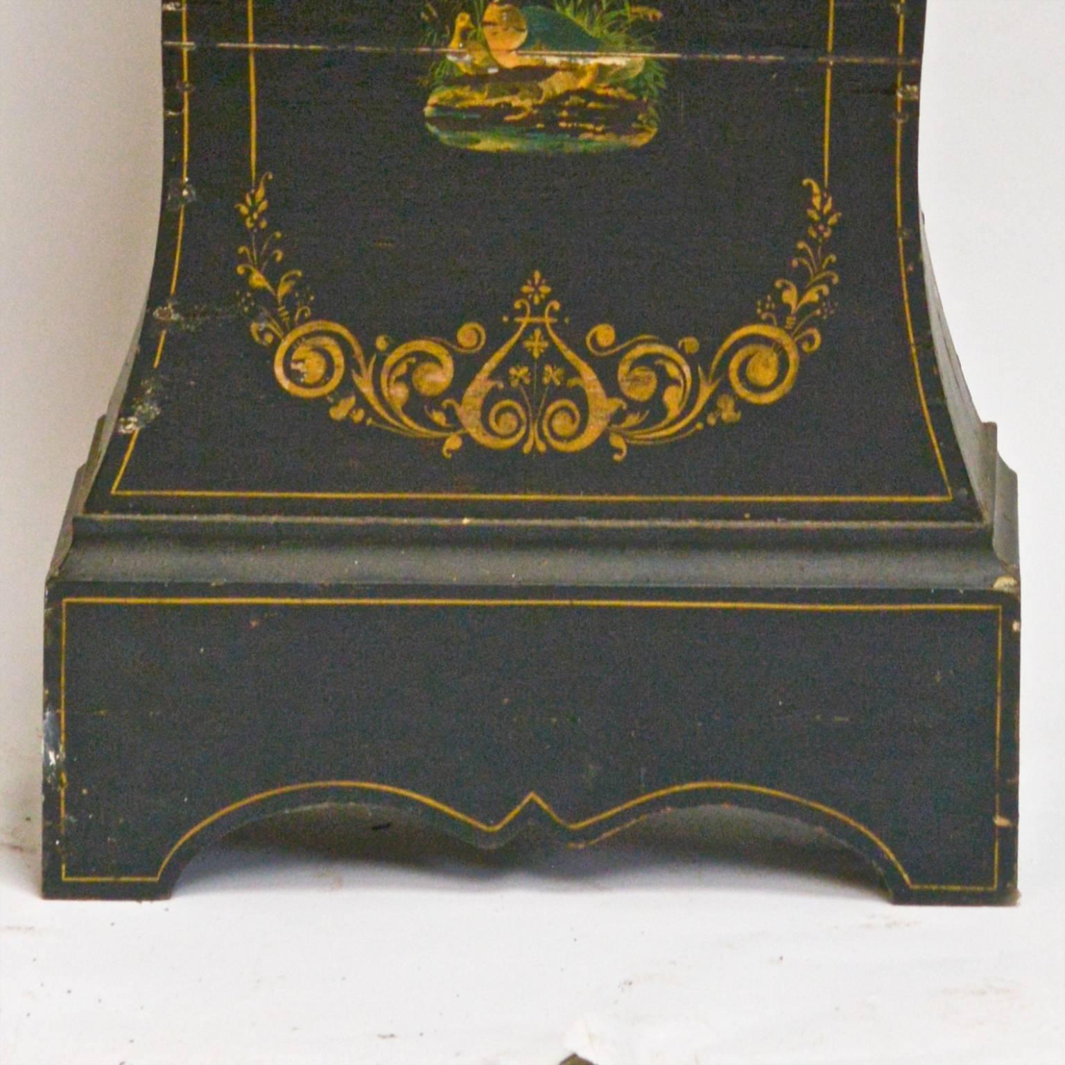 Hand-Carved Swedish Mora Clock Black and Gold Carved Detail Hand-Painted Early 1800s