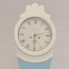 Early 1800s Antique Swedish Mora Clock Blue Paint Carved Detail Hand-Painted