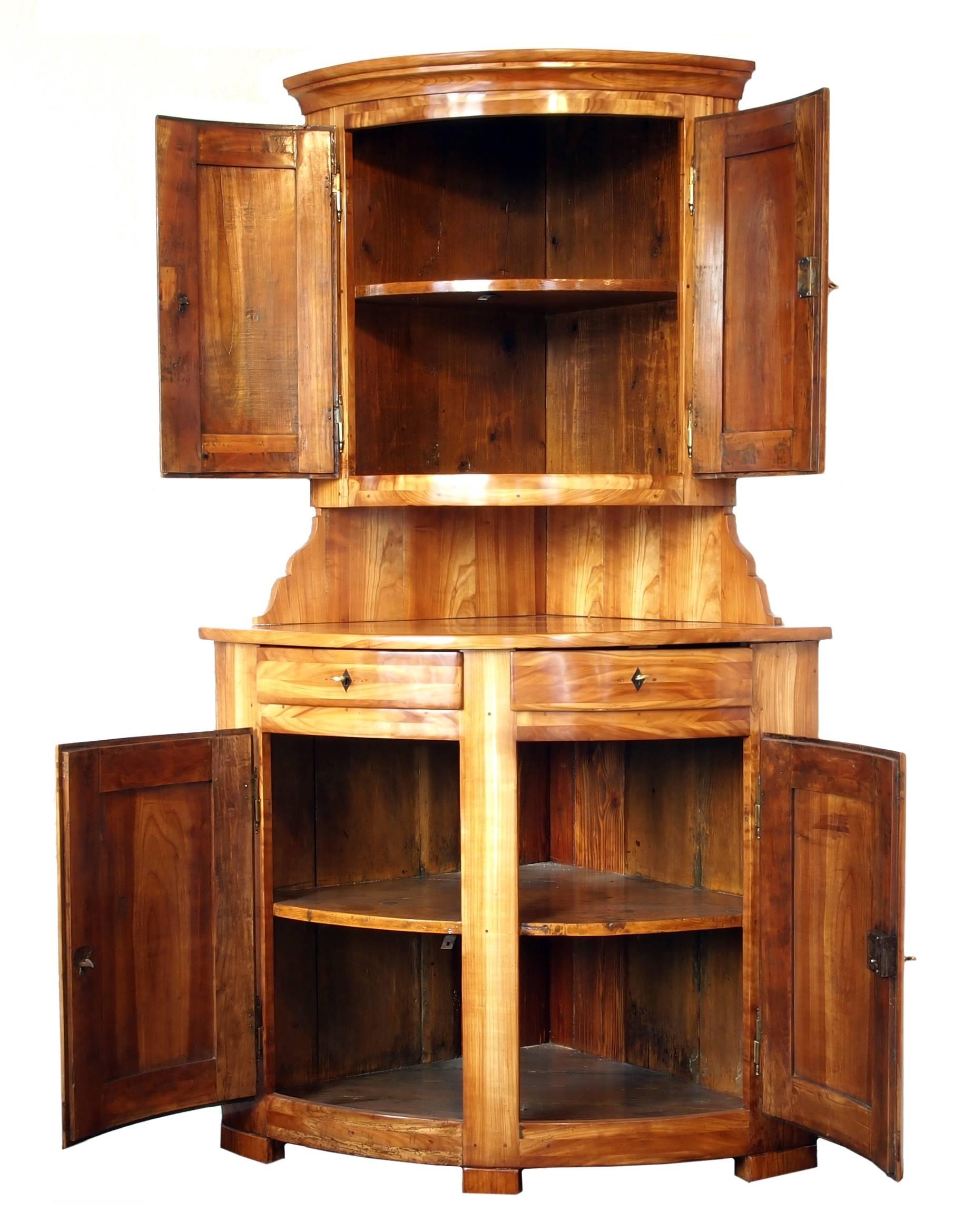 German Early 19th Century Solid Cherry Biedermeier Corner Cabinet For Sale