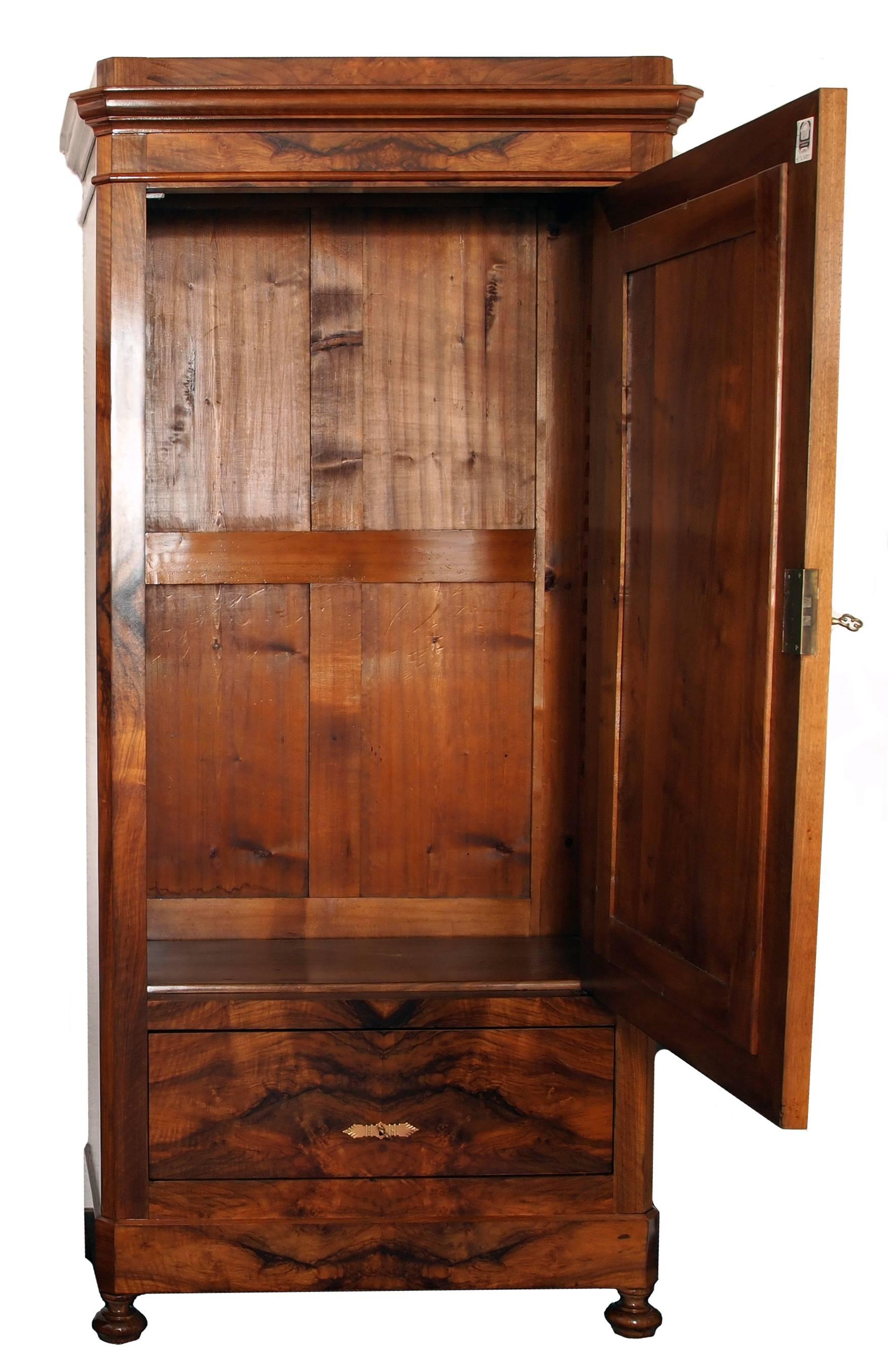 Biedermeier 19th Century Single Door Cabinet, walnut veneer, from Germany