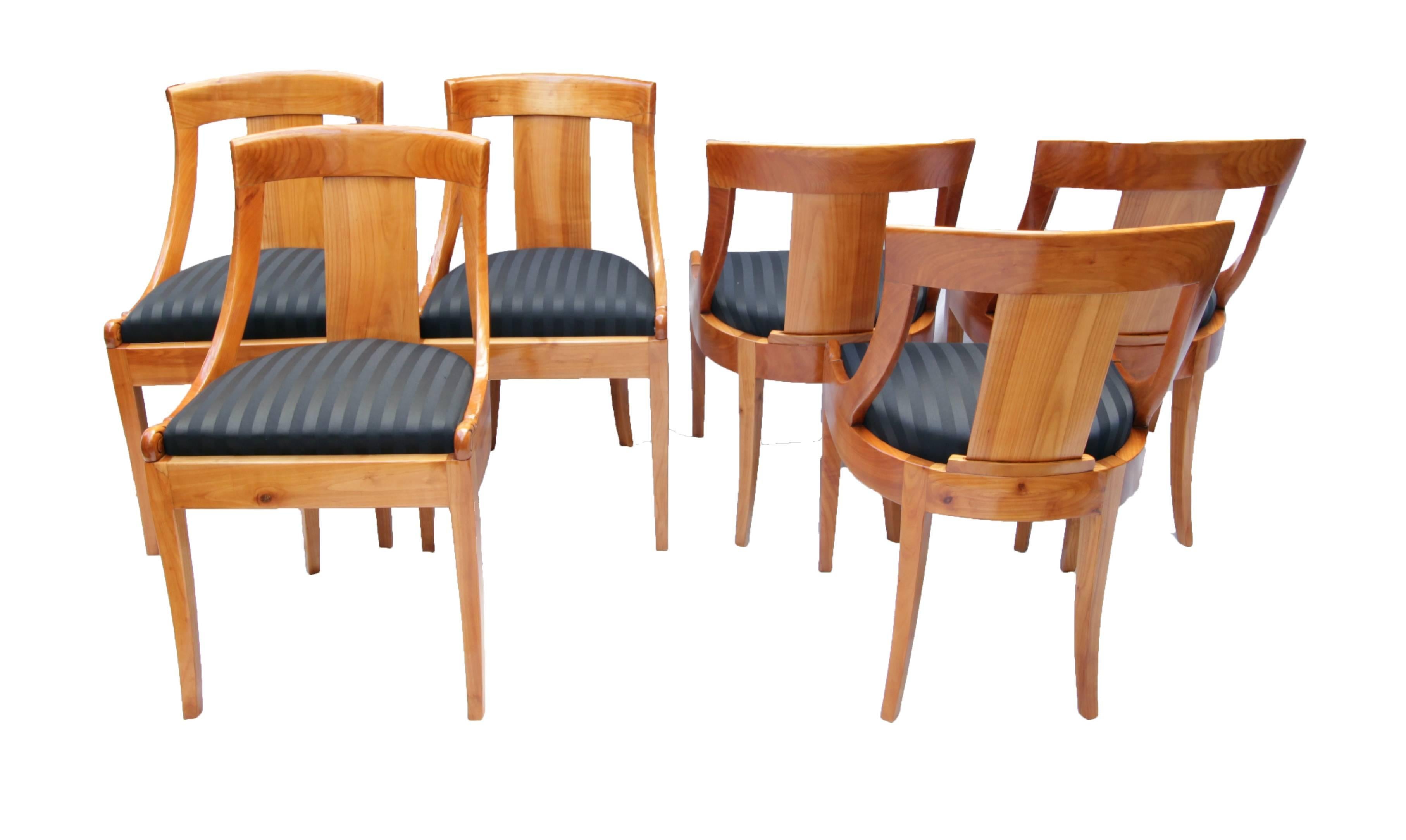 German 19th Century Biedermeier Gondola Chairs Set of 6, solid Cherry, new upholstered