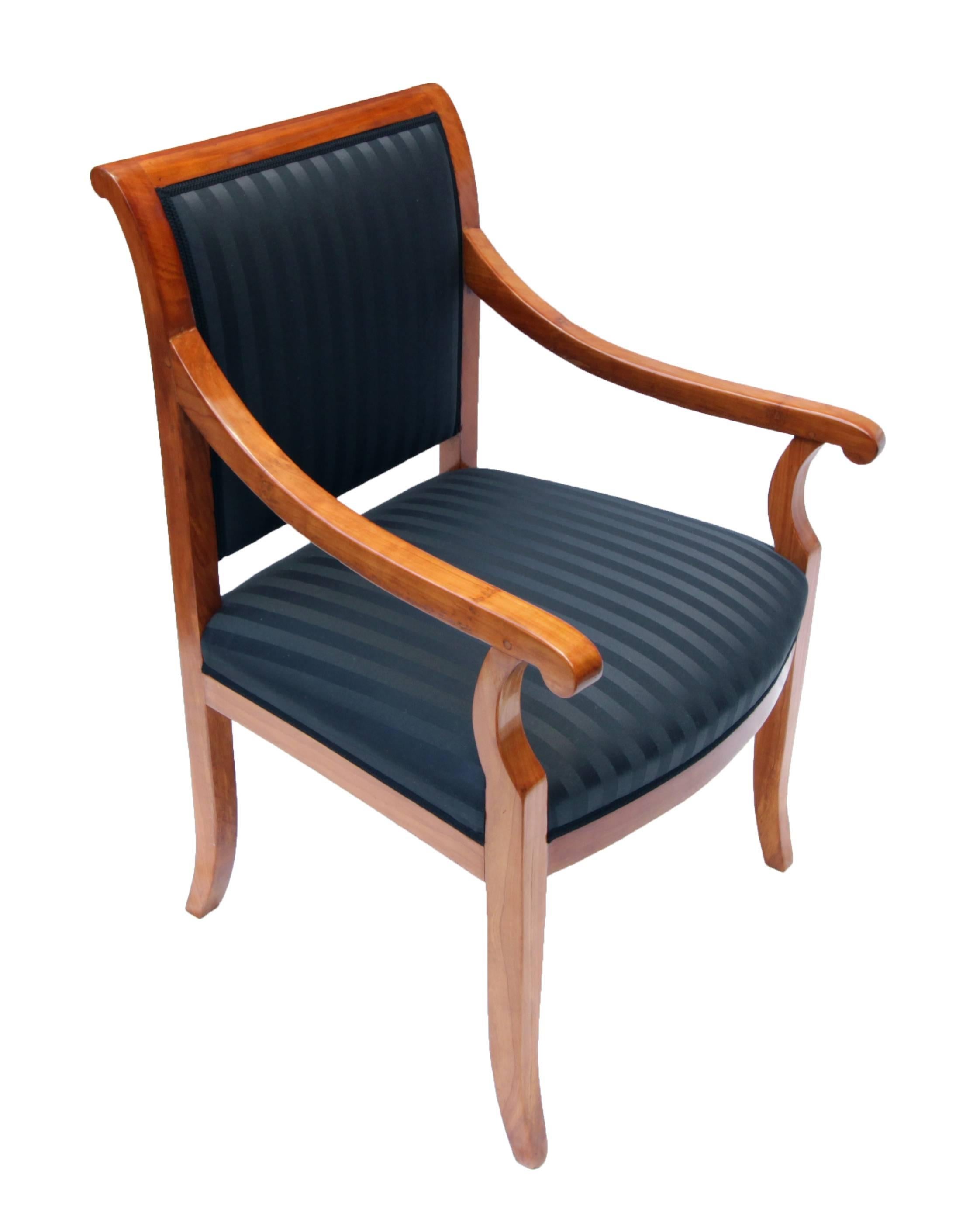 German 19th Century Biedermeier Armchair Solid Cherrywood, New Upholstered For Sale