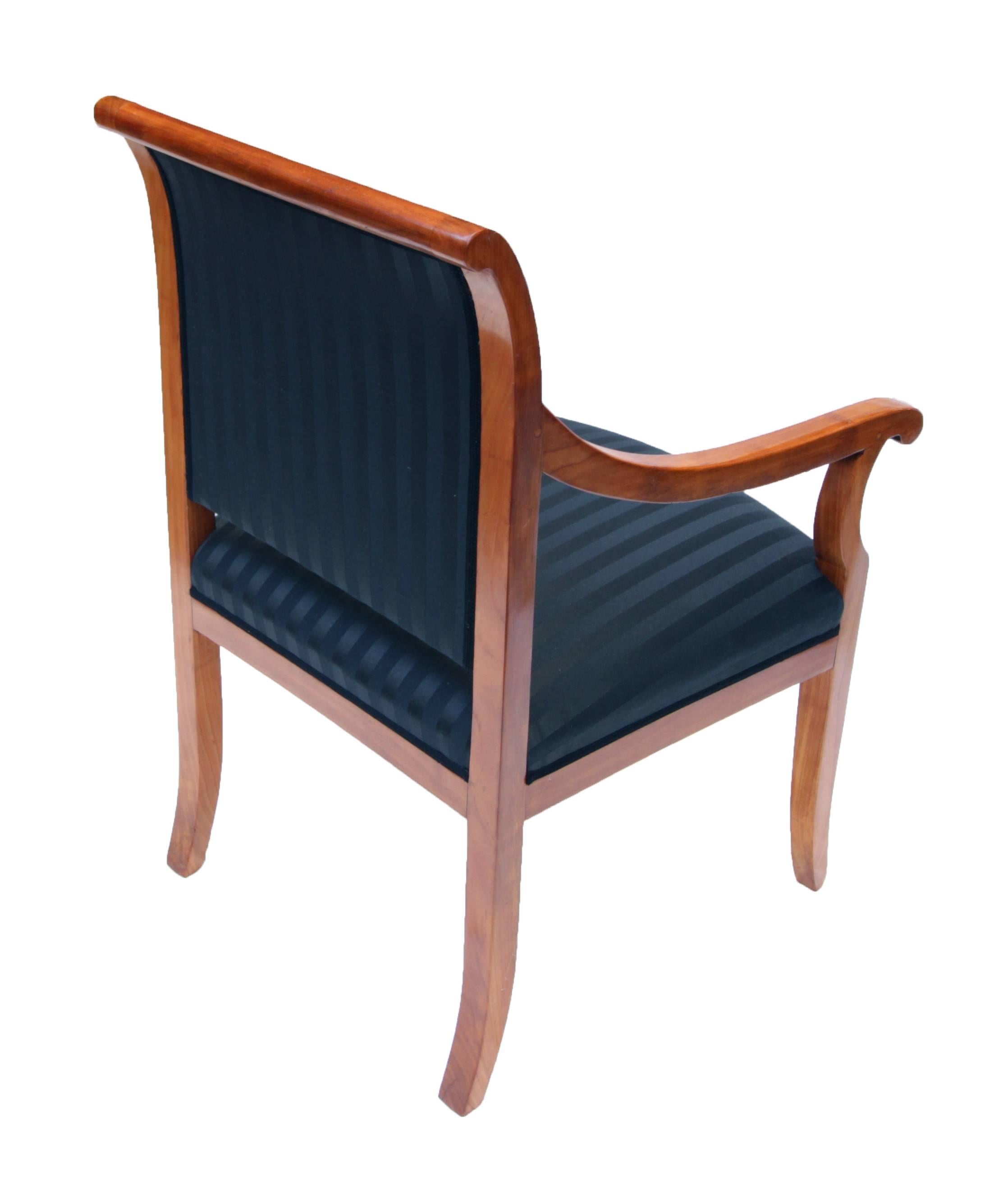 Polished 19th Century Biedermeier Armchair Solid Cherrywood, New Upholstered For Sale