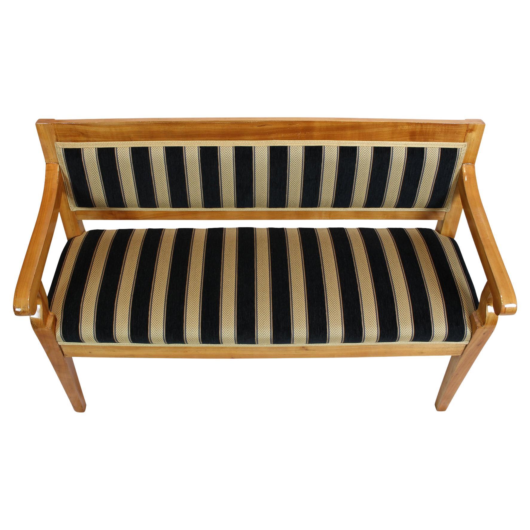 19th Century Biedermeier Cherrywood Bench with Striped Upholstery, South Germany