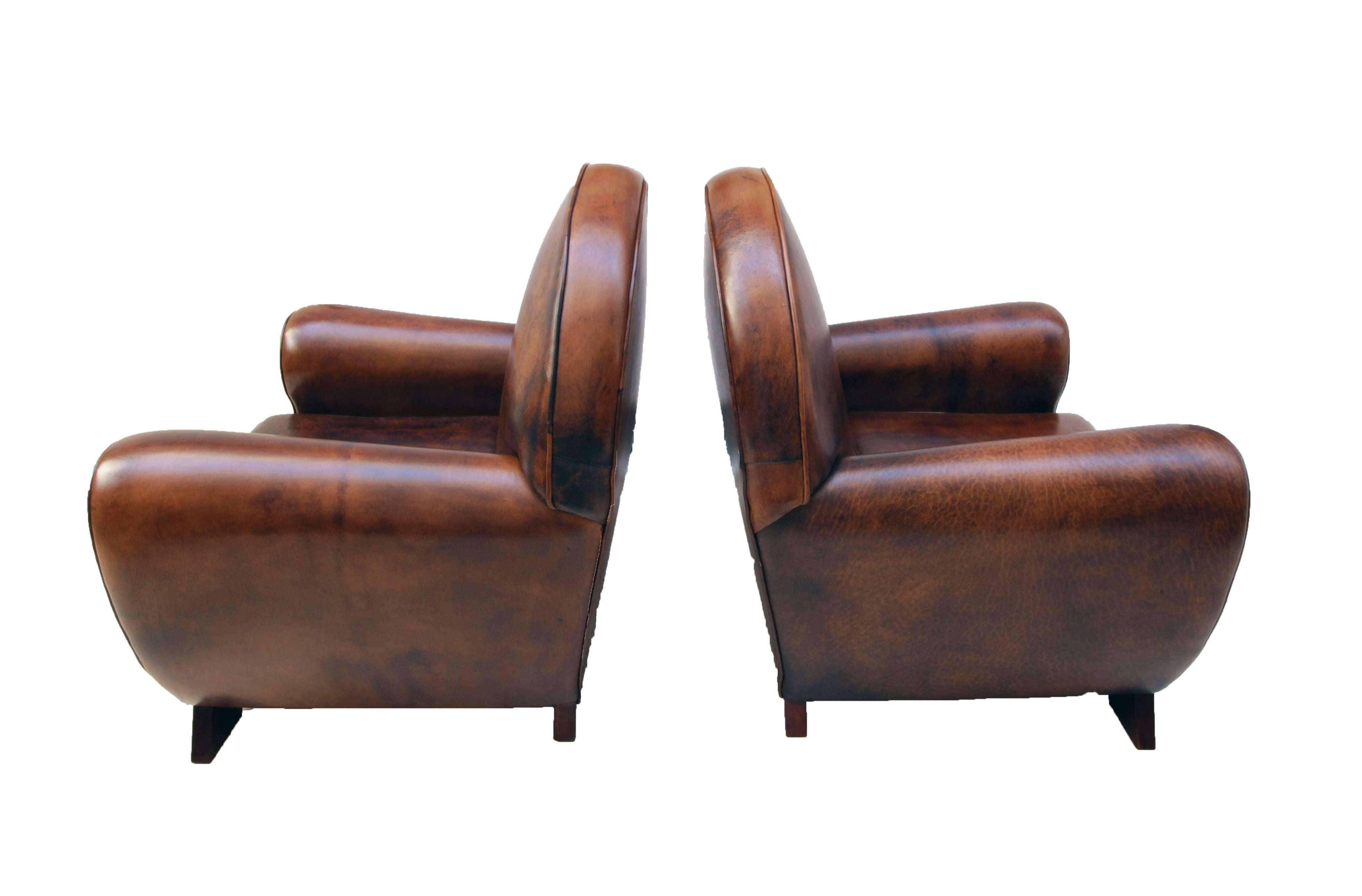 Dutch Art Deco Vintage Brown-Cognac Leather Club Set, Set of Three For Sale