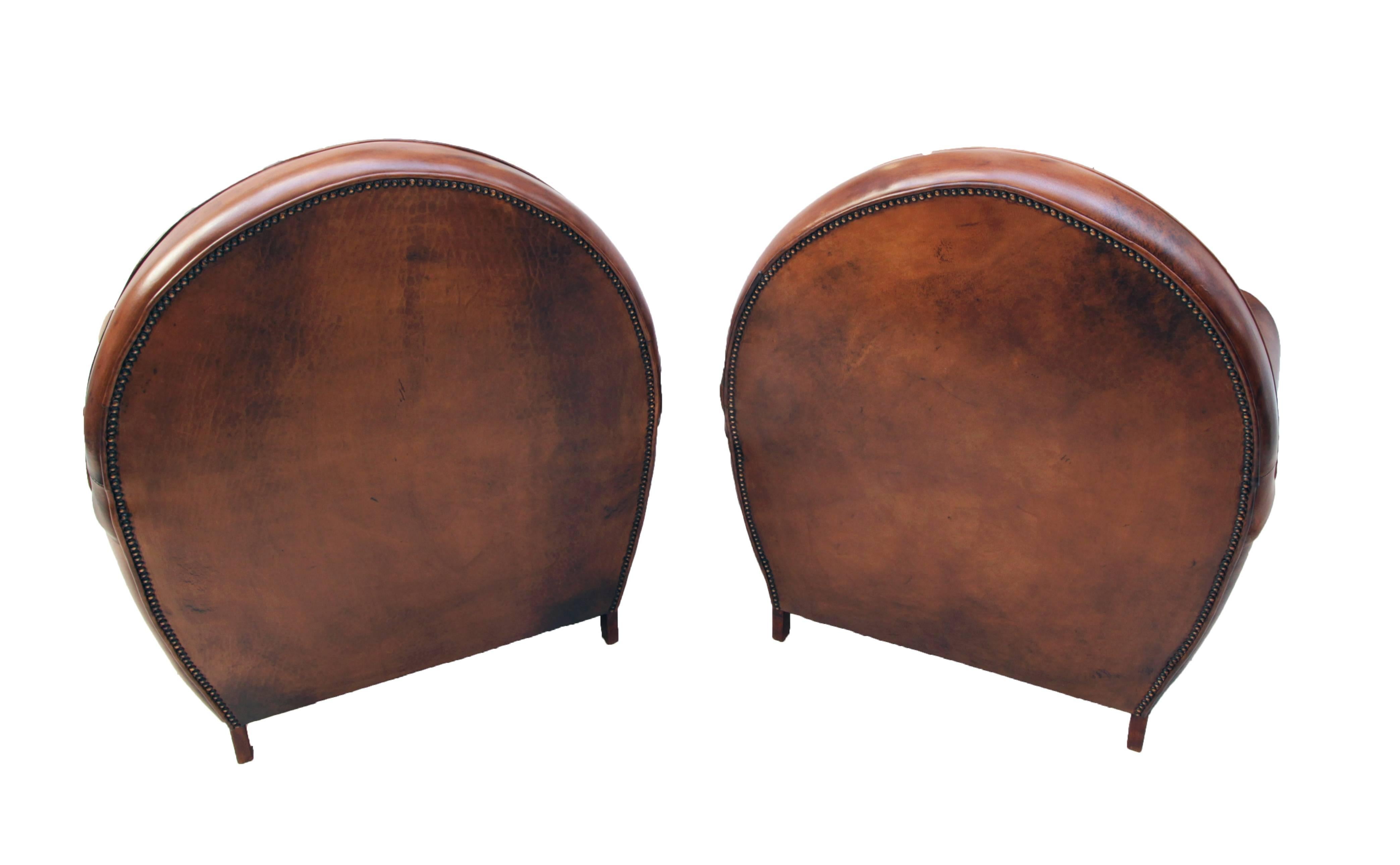 Patinated Art Deco Vintage Brown-Cognac Leather Club Set, Set of Three For Sale