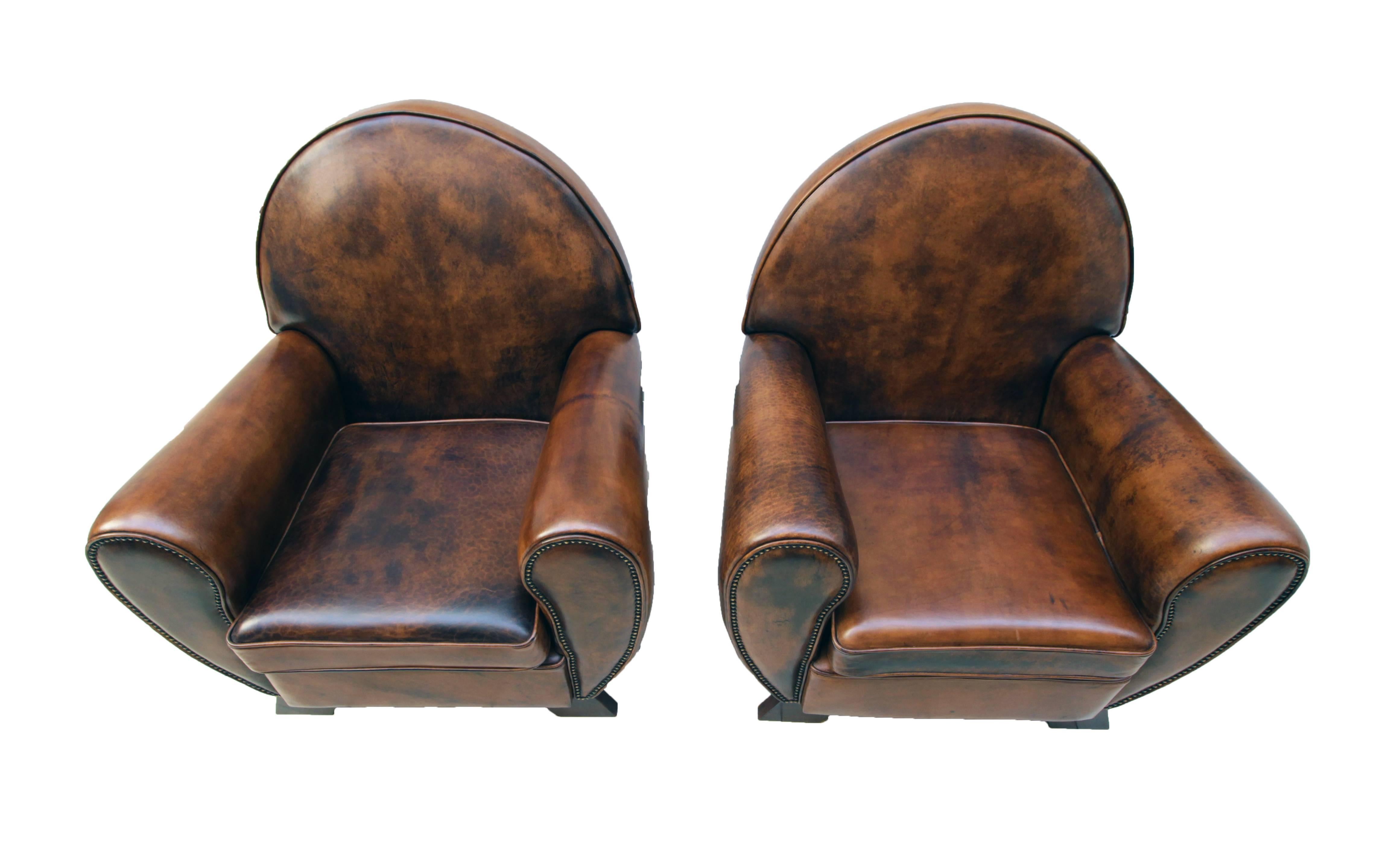 Art Deco Vintage Brown-Cognac Leather Club Set, Set of Three In Good Condition For Sale In Darmstadt, DE