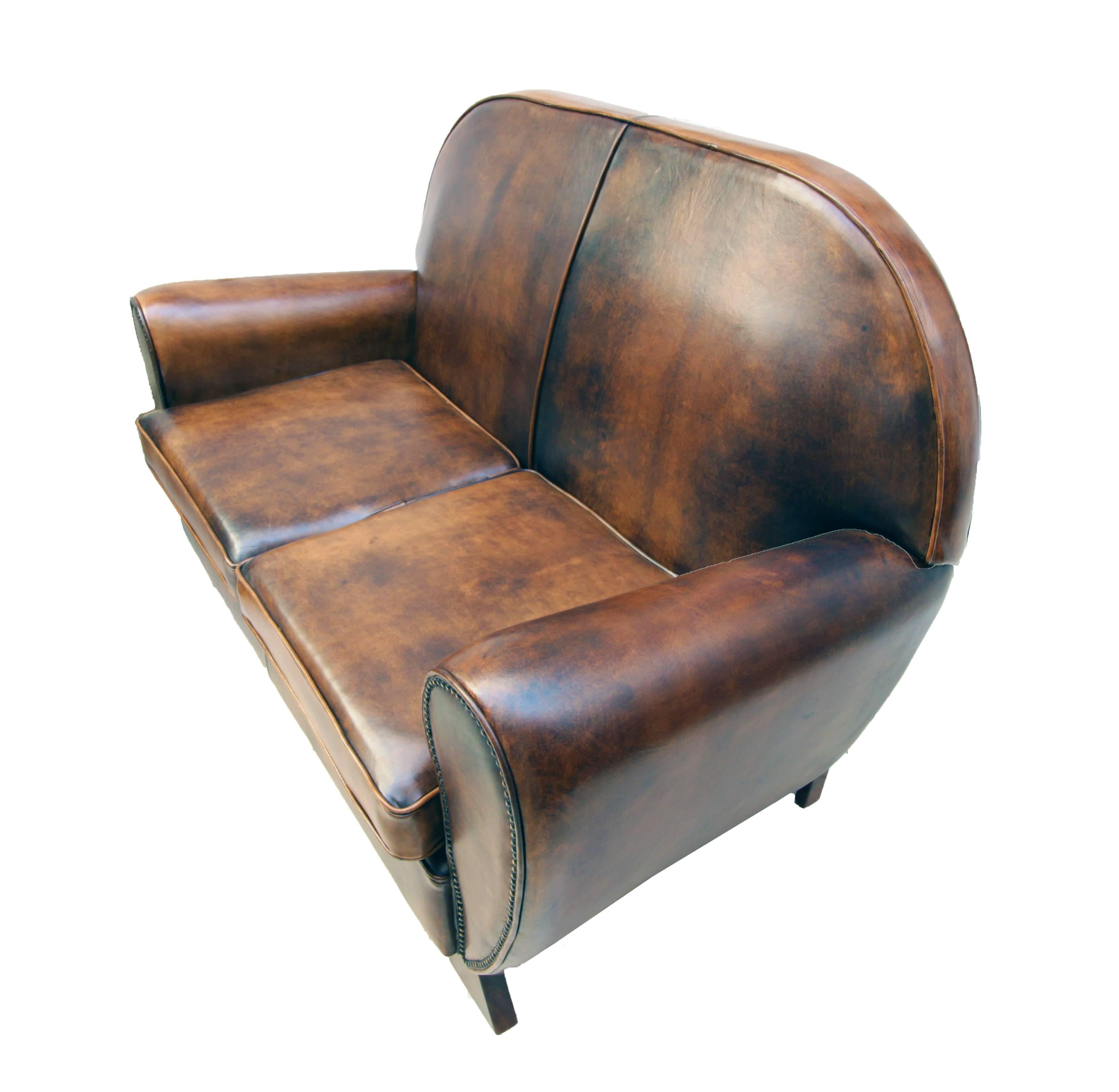 Art Deco Vintage Brown-Cognac Leather Club Set, Set of Three For Sale 2