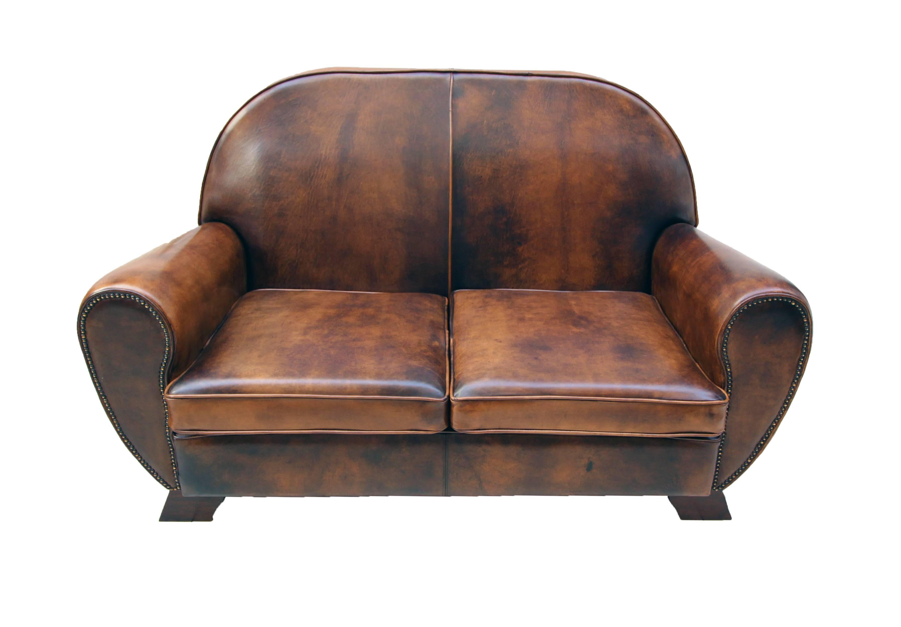 Mid-20th Century Art Deco Vintage Brown-Cognac Leather Club Set, Set of Three For Sale
