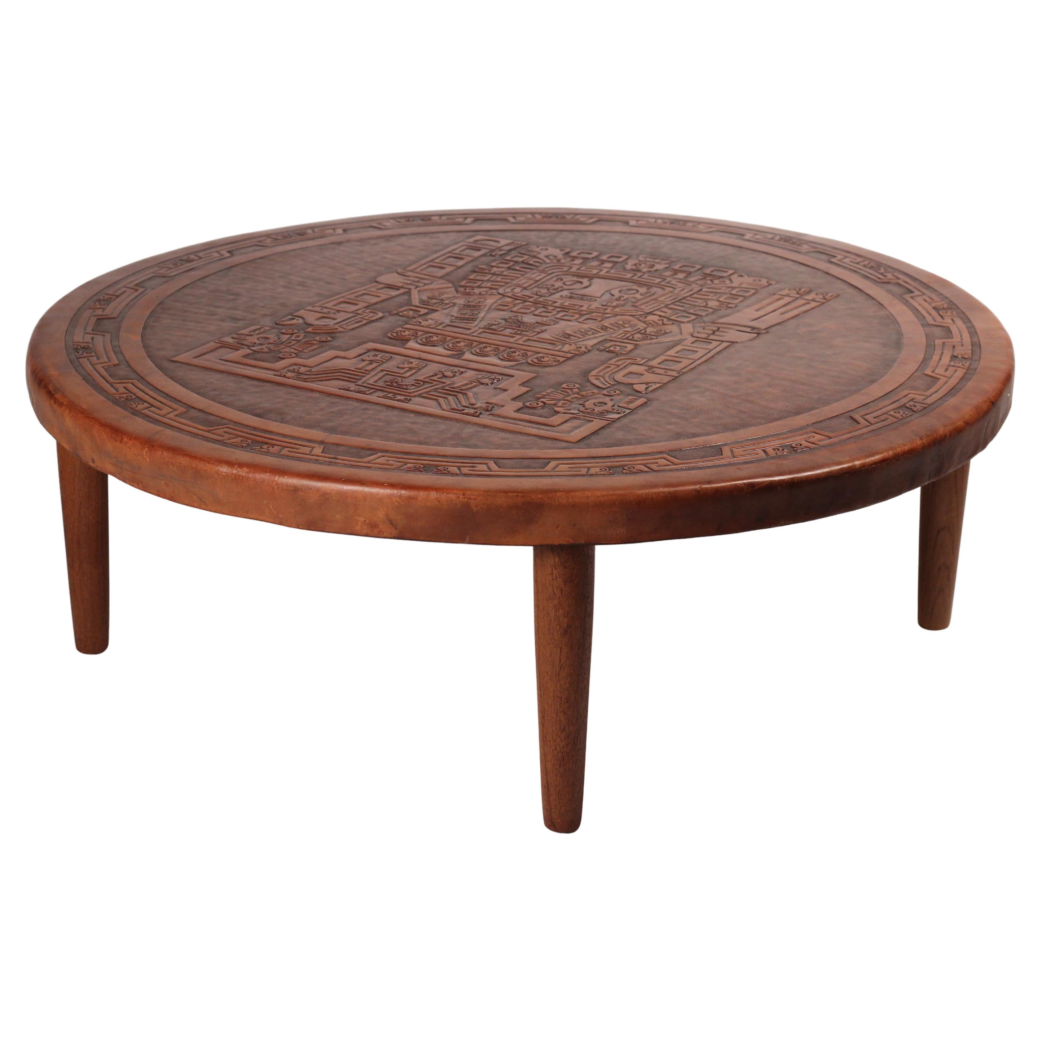 Mesa de centro circular de cuero y madera moderna de mediados de siglo de Angel I. Pazmino en venta 1