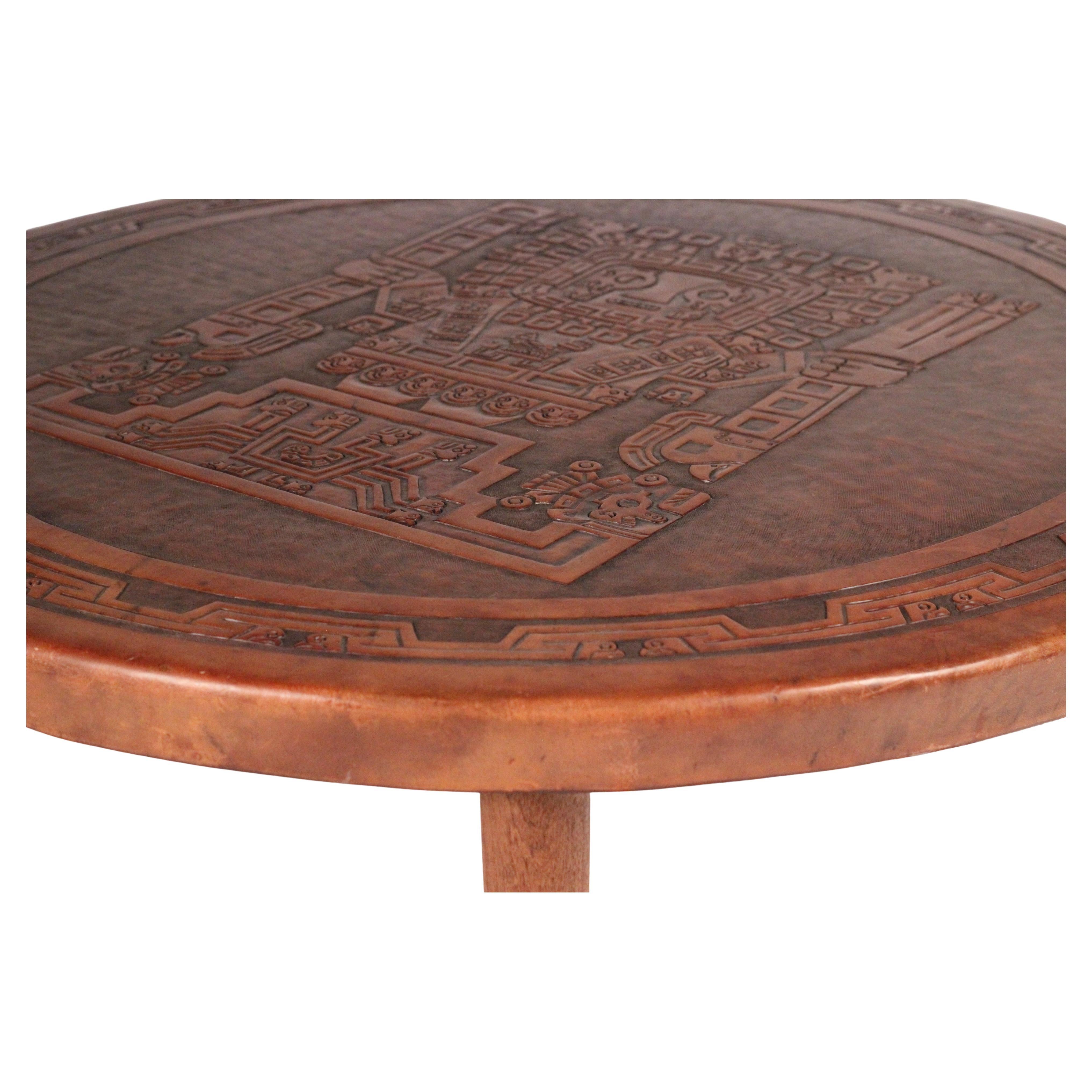 Mesa de centro circular de cuero y madera moderna de mediados de siglo de Angel I. Pazmino Teca en venta