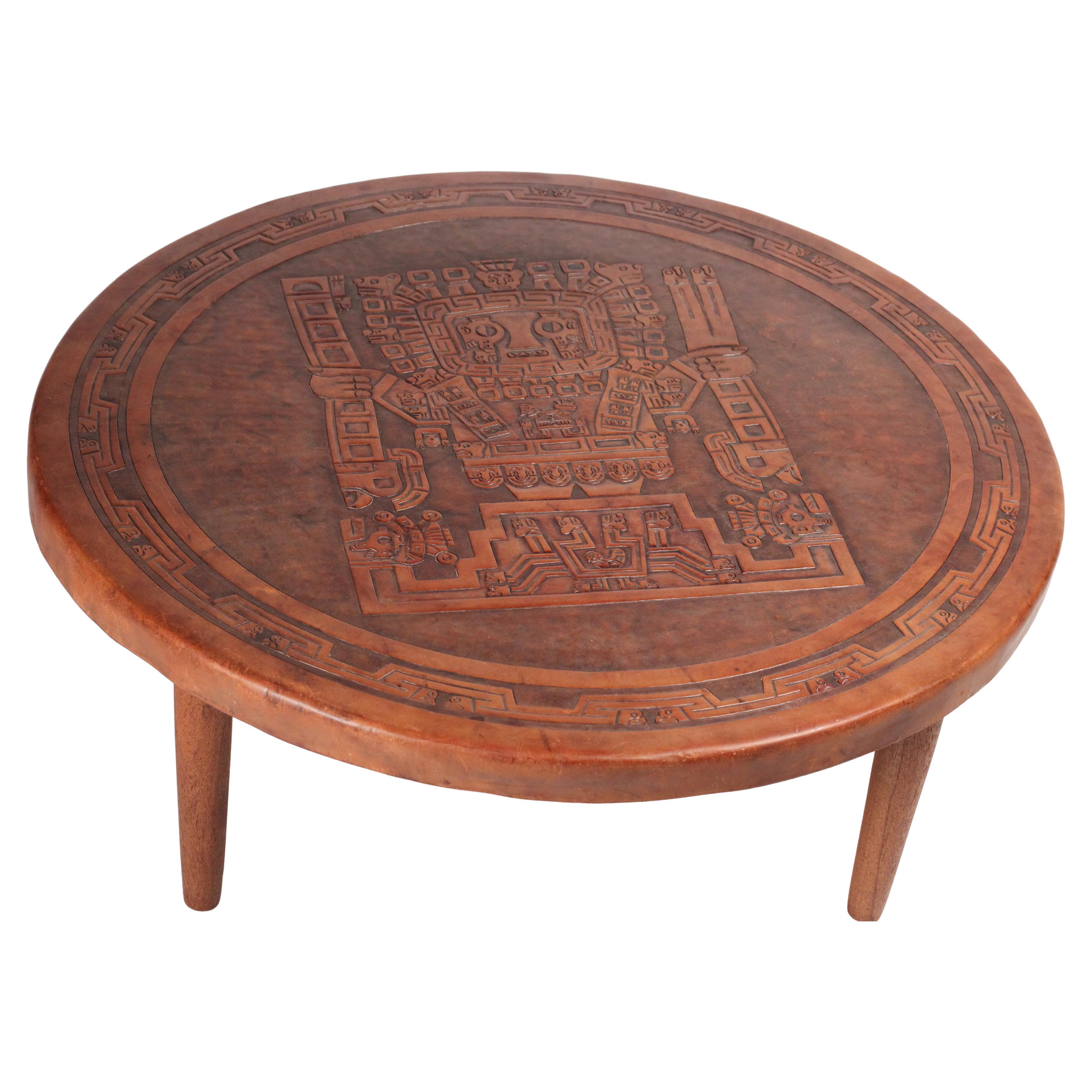 Mesa de centro circular de cuero y madera moderna de mediados de siglo de Angel I. Pazmino mediados del siglo XX en venta
