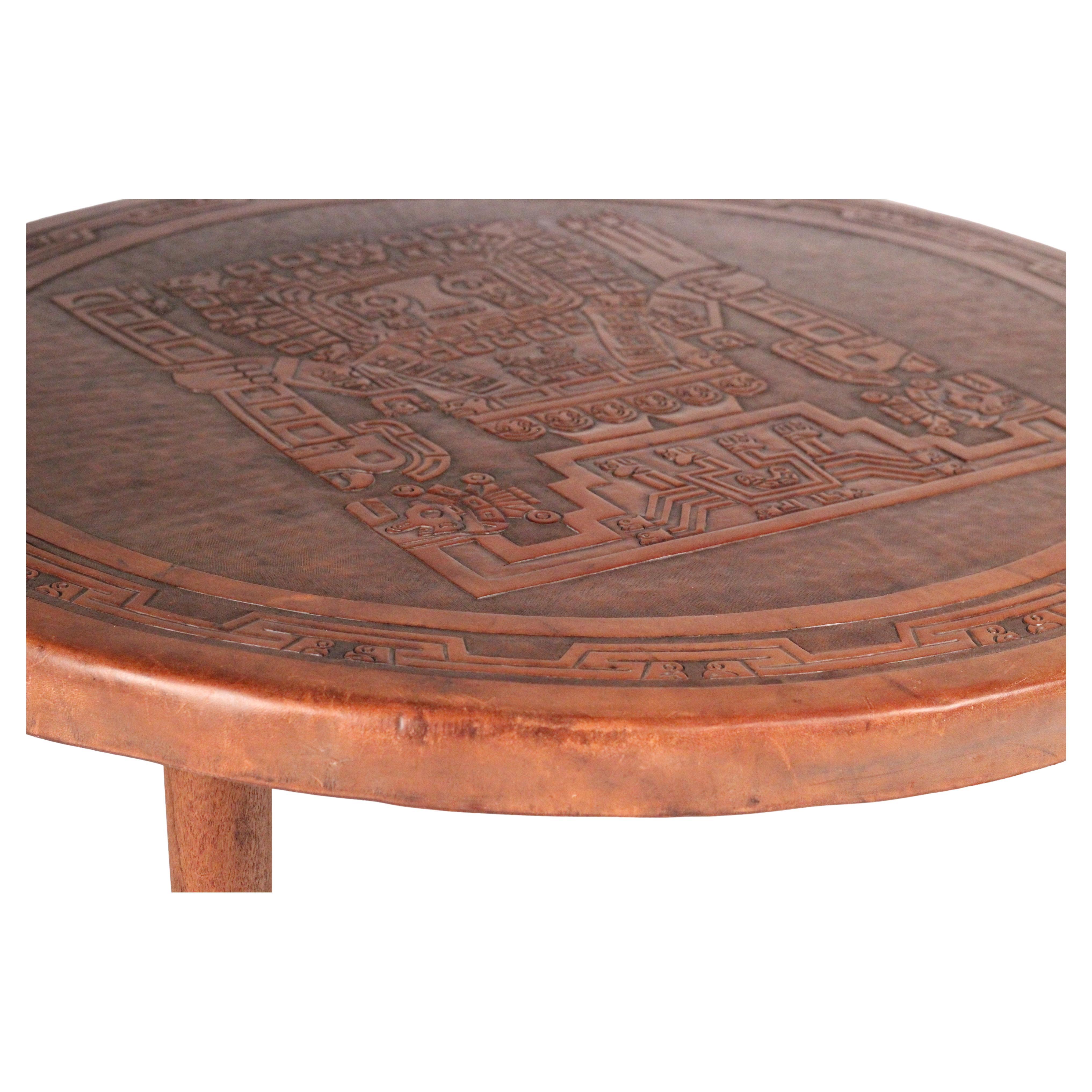 Mesa de centro circular de cuero y madera moderna de mediados de siglo de Angel I. Pazmino Ecuatoriano en venta