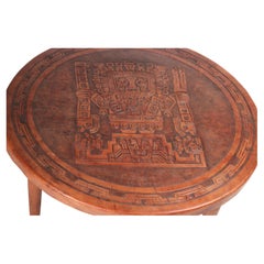 Table basse circulaire moderne du milieu du siècle dernier en cuir et bois par Angel I. Pazmino