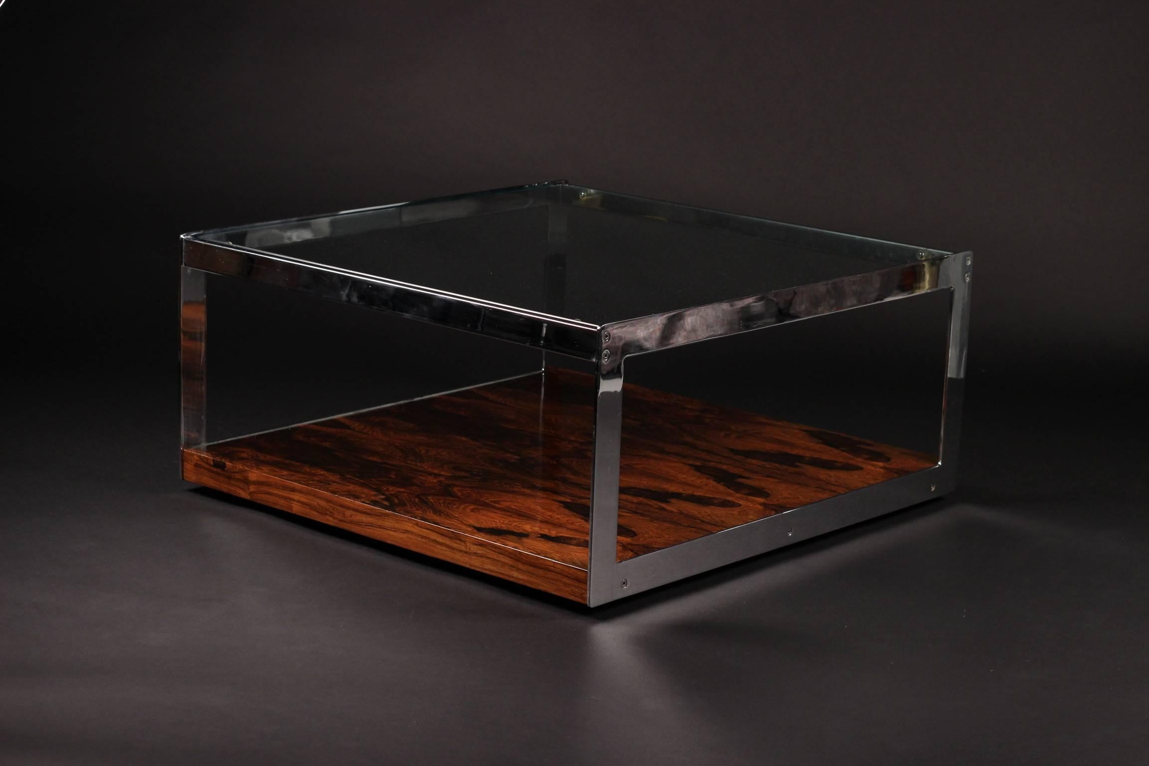 Late 20th Century Scandinavian Modern Style Coffee Table In Chrome, Glass and Rosewood by Merrow 
