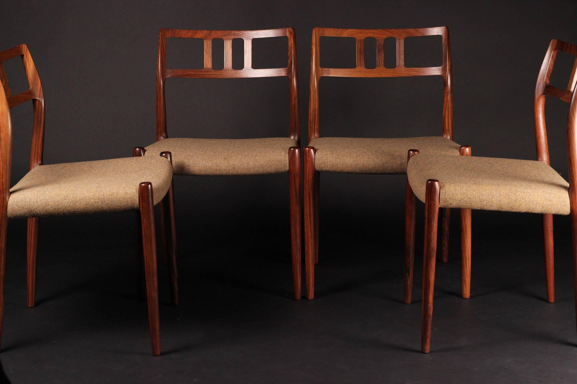 Woodwork Scandinavian Modern Set of Six Dining Chairs Niels Moller Rosewood No.79 Model 