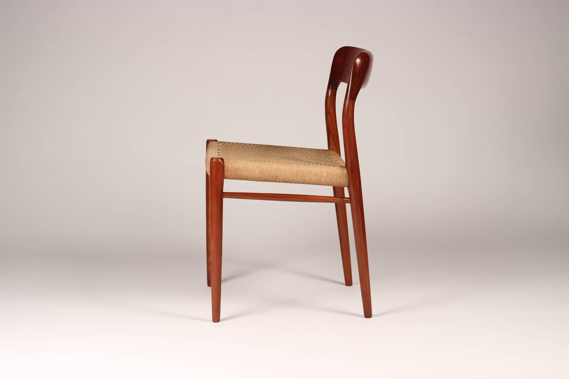 Set of six dining chairs in solid Teak by Niels O. Møller. Model no.75. Seats in original papercord. Produced by J.L. Møllers Møbelfabrik, 1960s.