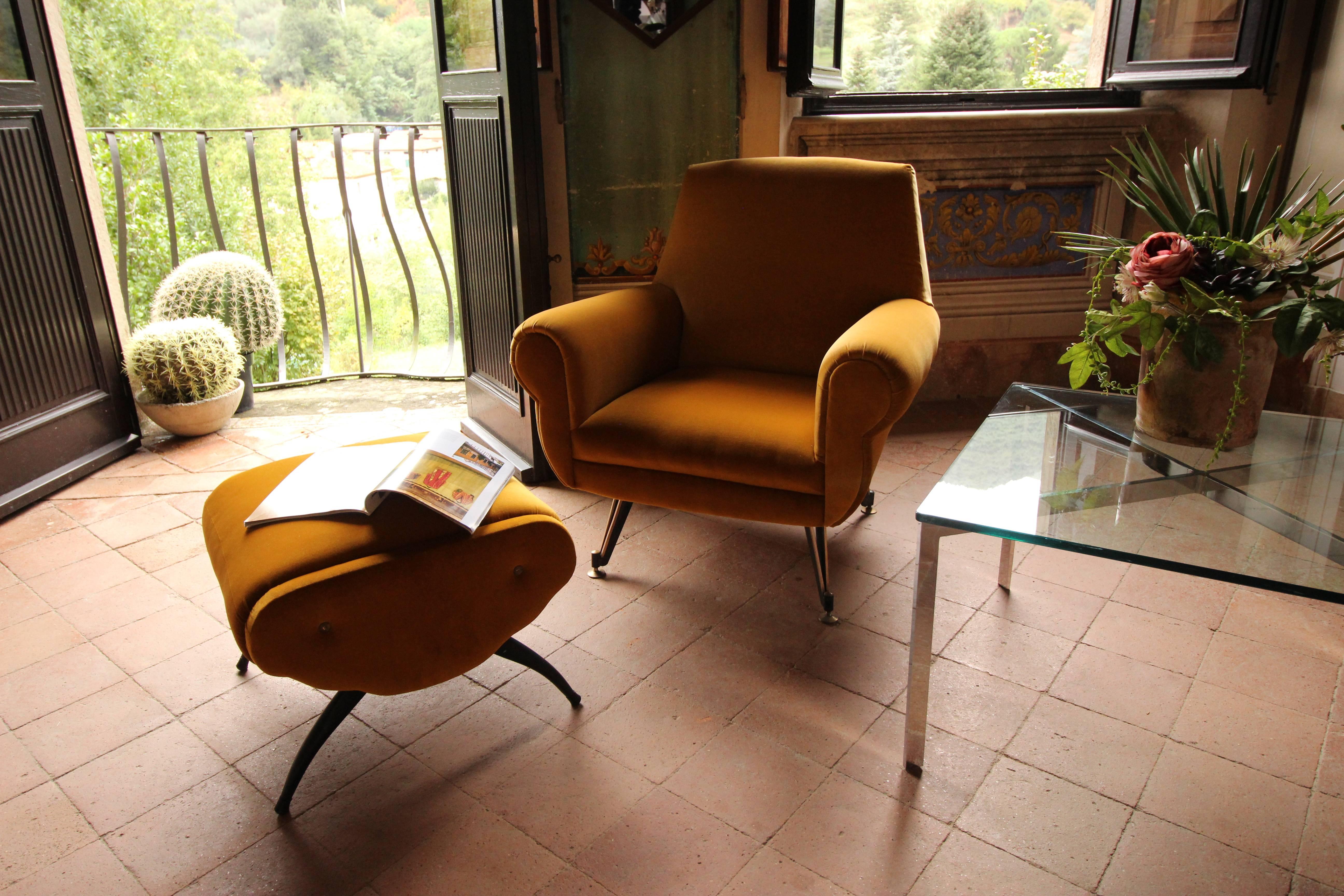Mid-Century Modern Italian Mid Century Velvet Lounge Chair and footstool, circa 1950s