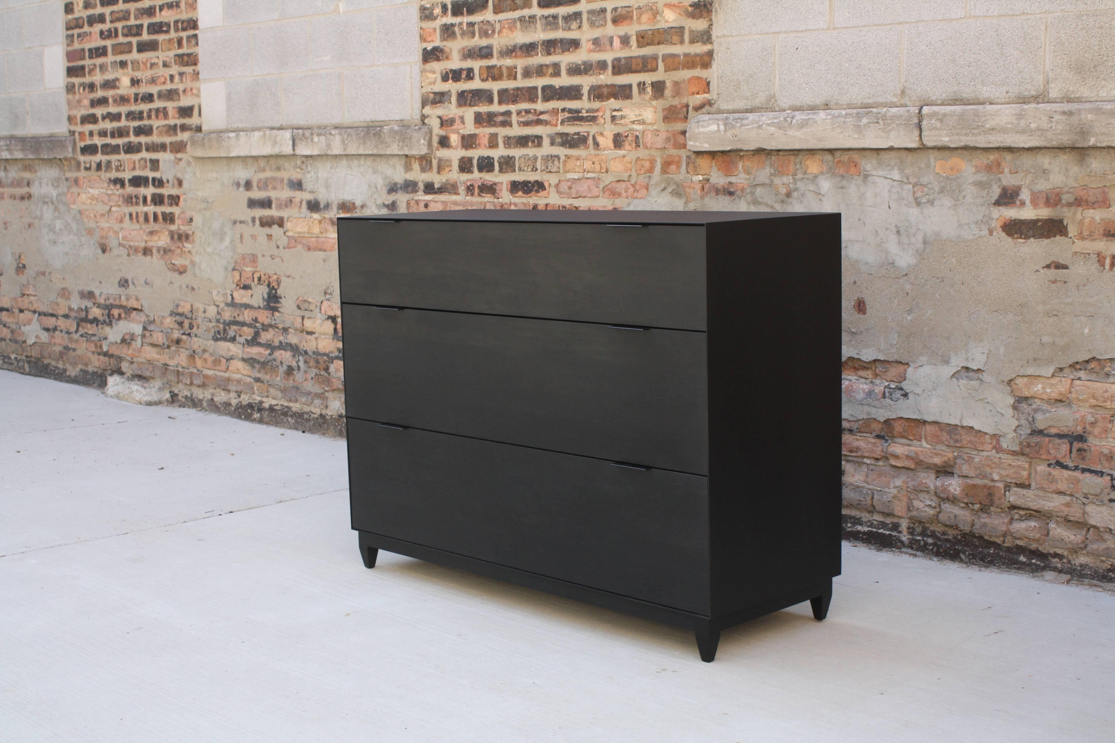 Handmade in Chicago by Laylo Studio, this contemporary cabinet is made to order in custom sizing and configuration with a choice of finishes and drawer pulls.

Pictured in a dresser configuration with three divided drawers mounted on soft close