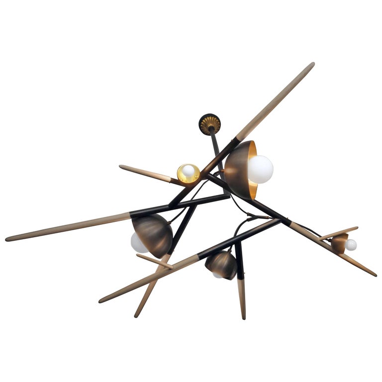 Iris, Customizable Contemporary Chandelier with Handmade Wood Spindles