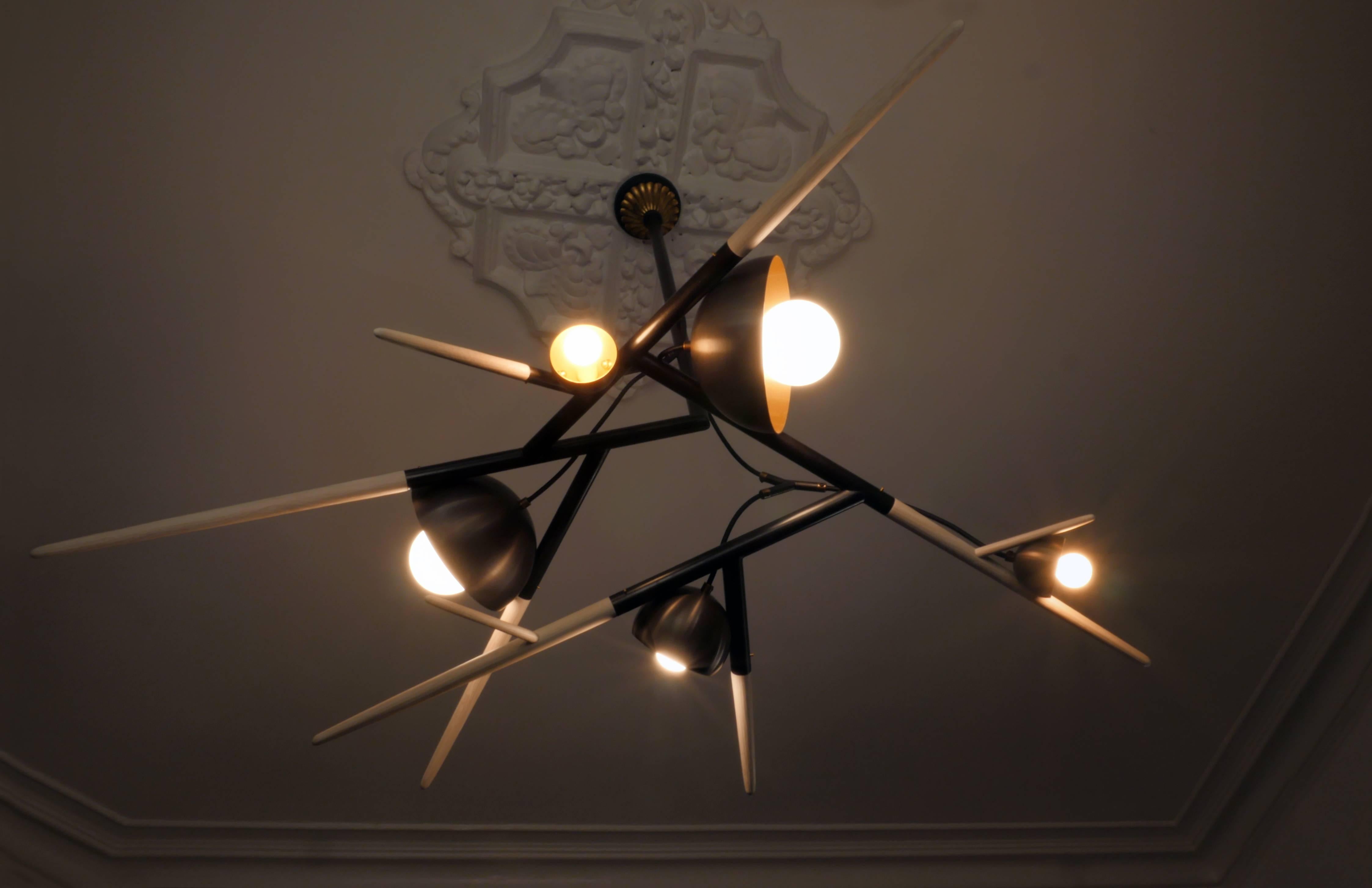 Organic Modern Iris, Customizable Contemporary Chandelier with Handmade Wood Spindles For Sale
