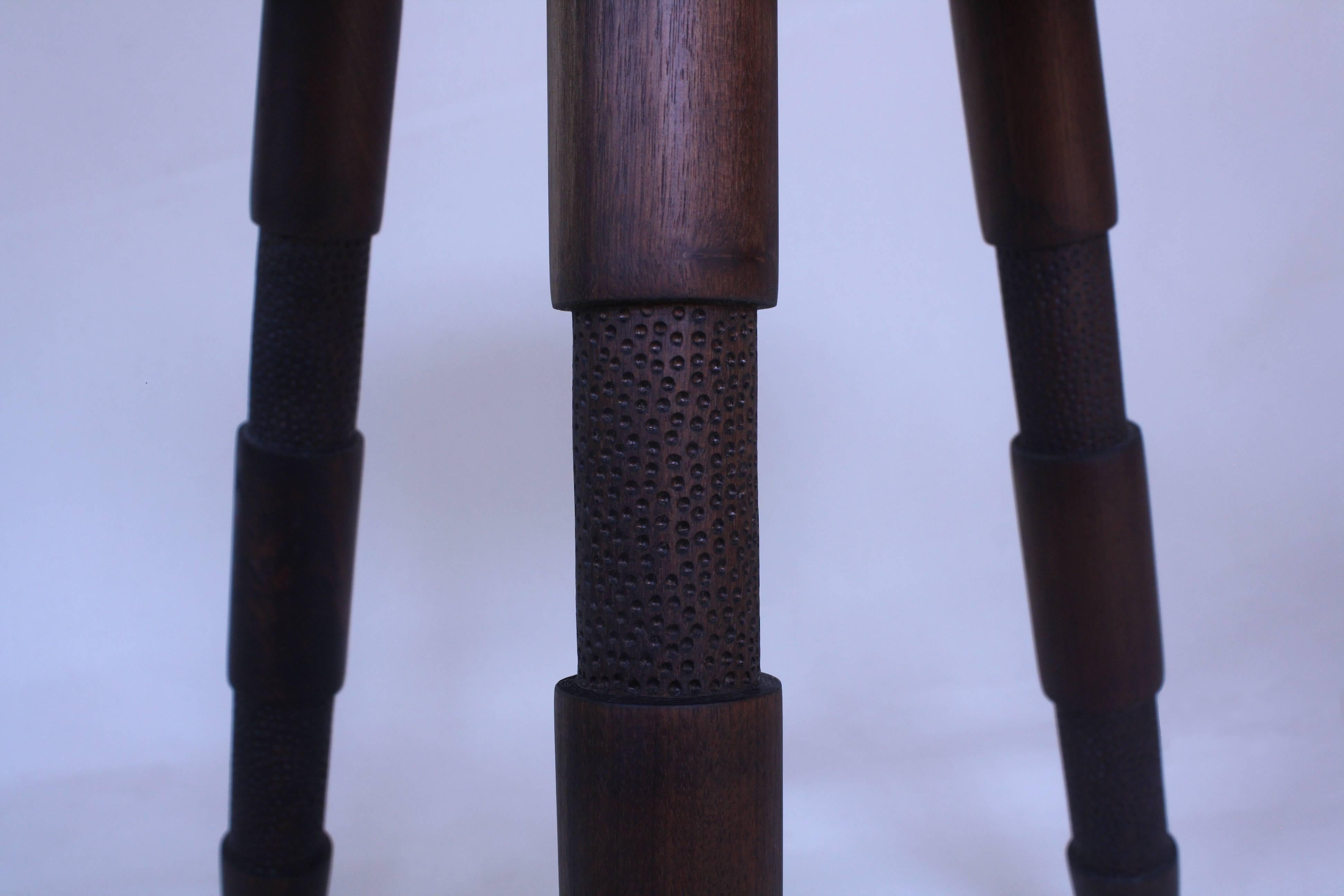 Saddle, Handmade Oxidized Oak Stool with Textured Legs and a Carved Seat For Sale 3