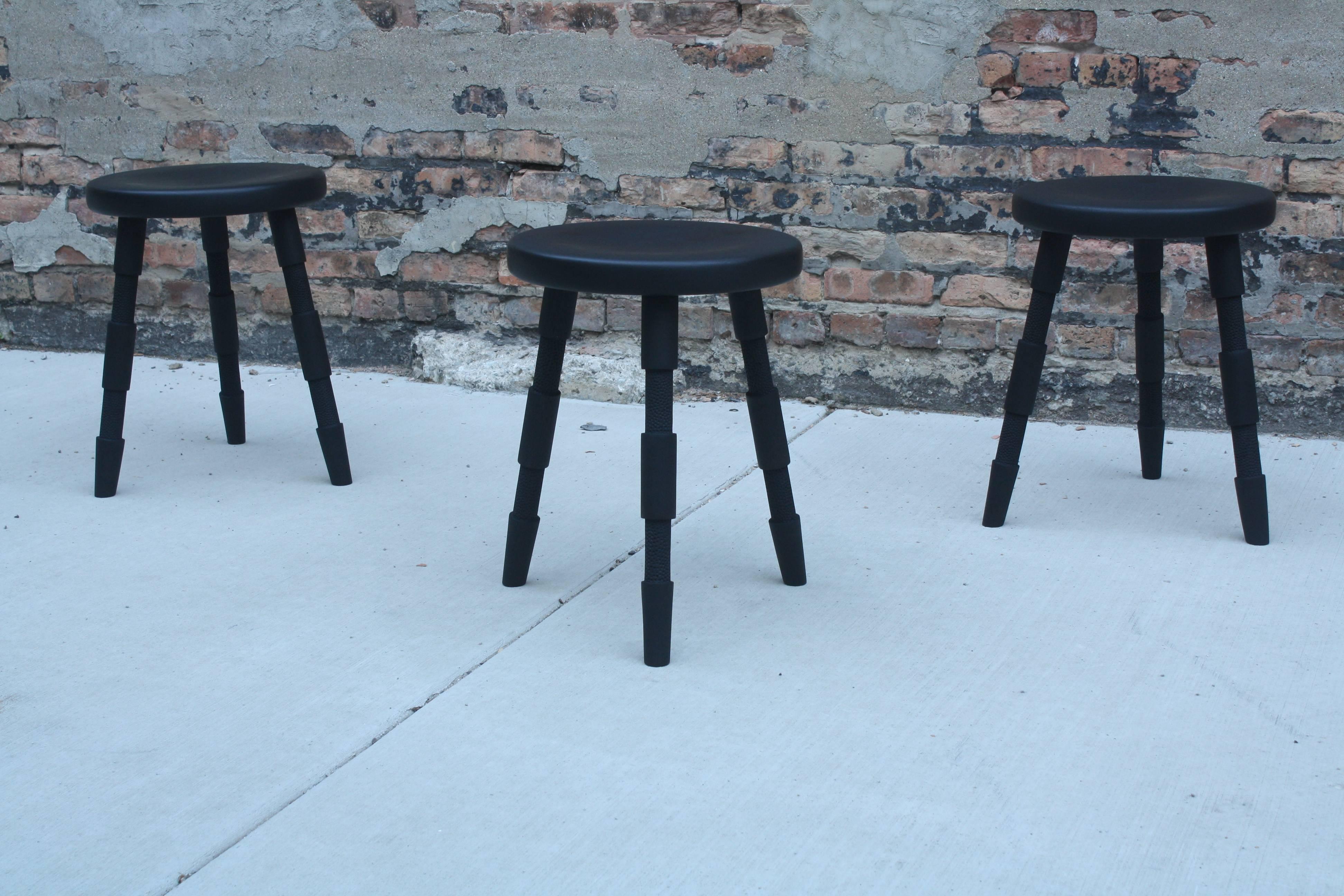 Contemporary Saddle, Handmade Oxidized Oak Stool with Textured Legs and a Carved Seat For Sale