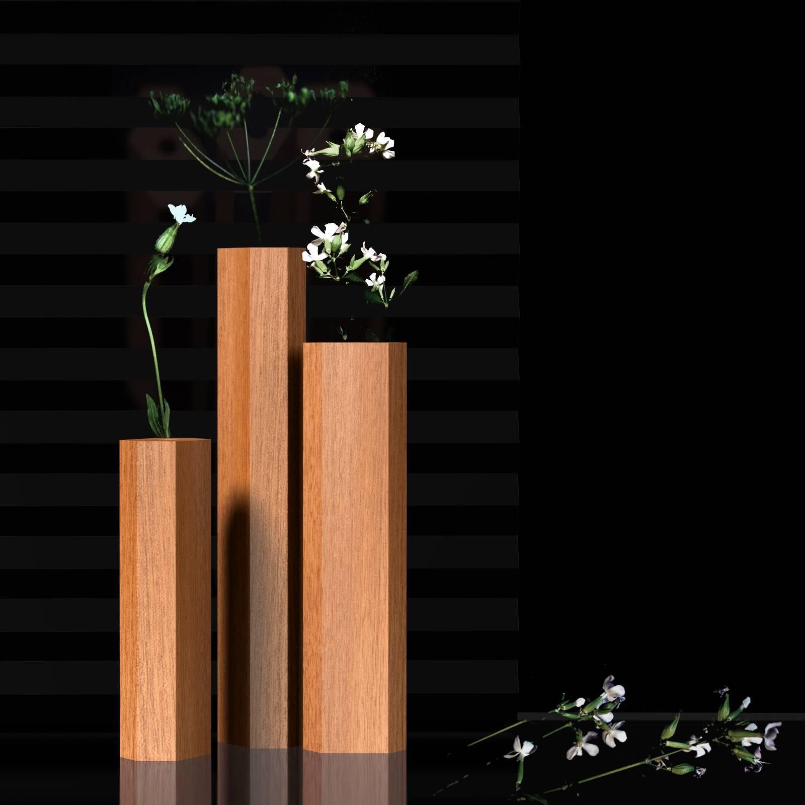 Minimalist Bloc Contemporary Geometric Wood Single-Bud Vase Set of Tree For Sale