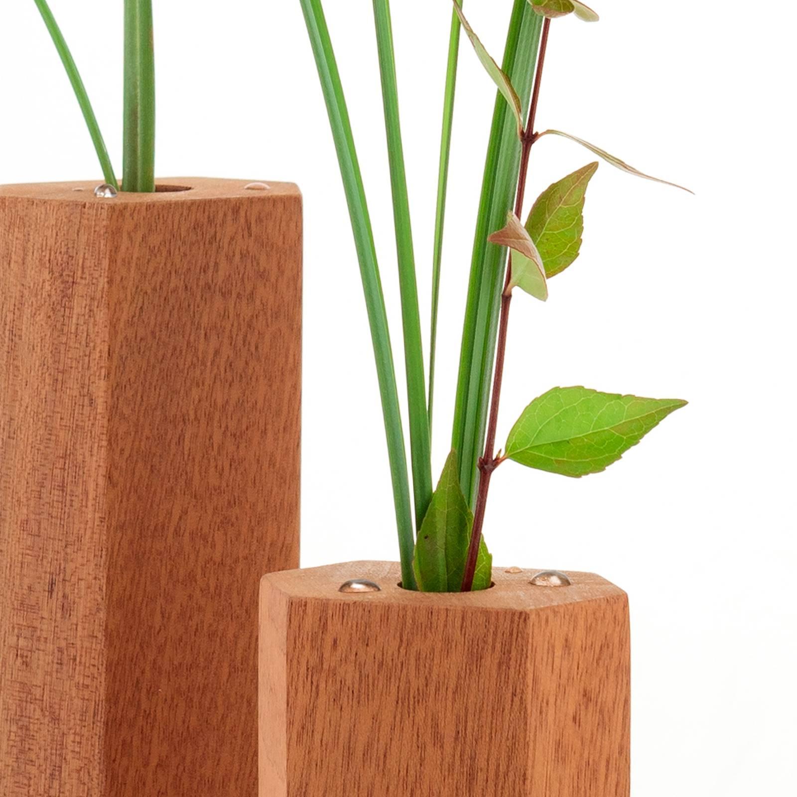 Engraved Bloc Contemporary Geometric Wood Single-Bud Vase Set of Tree For Sale